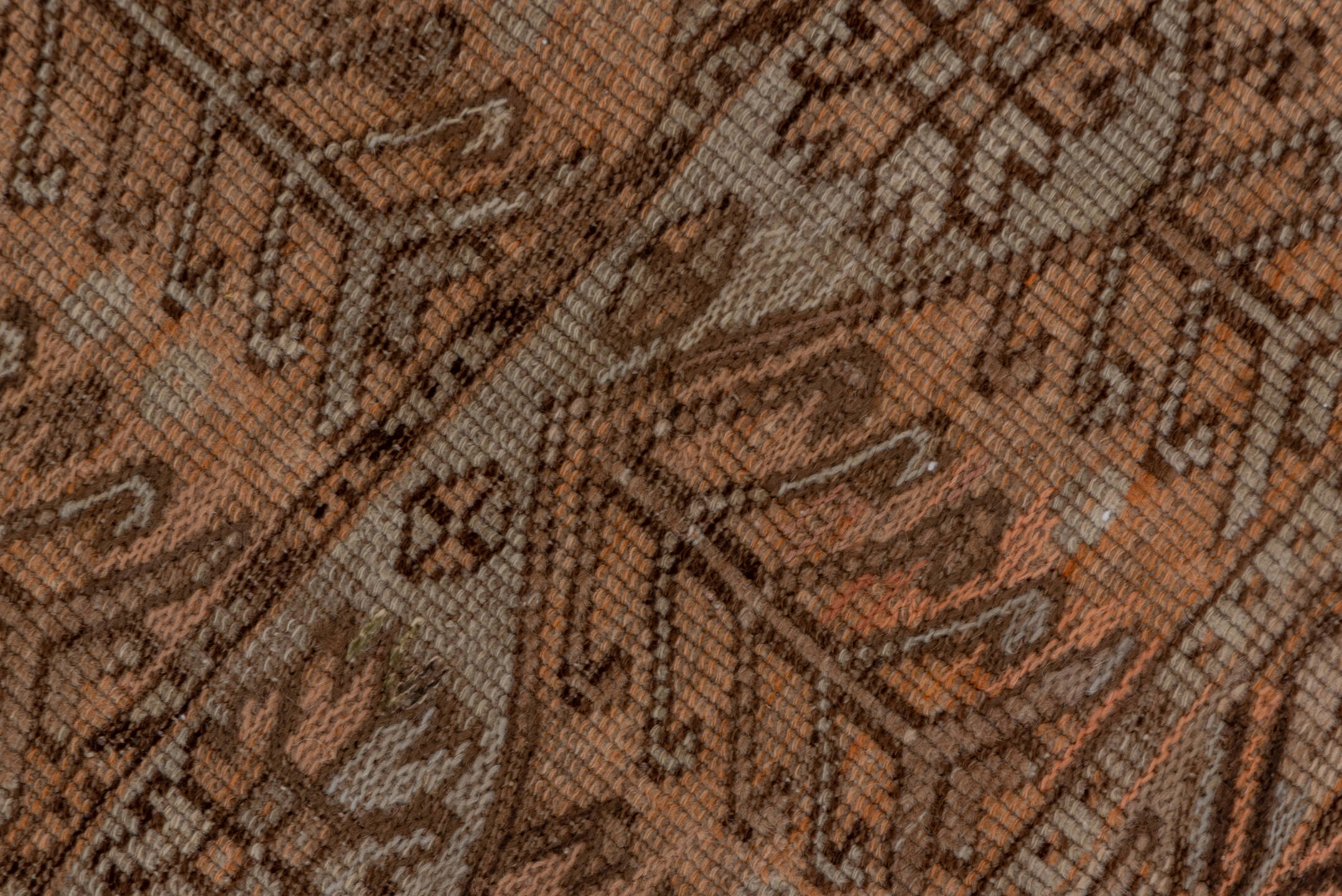 3' x 4' one-of-a-kind handmade vintage Oushak small size rug. Color palette: taupe, brown, camel, ivory, terra cotta