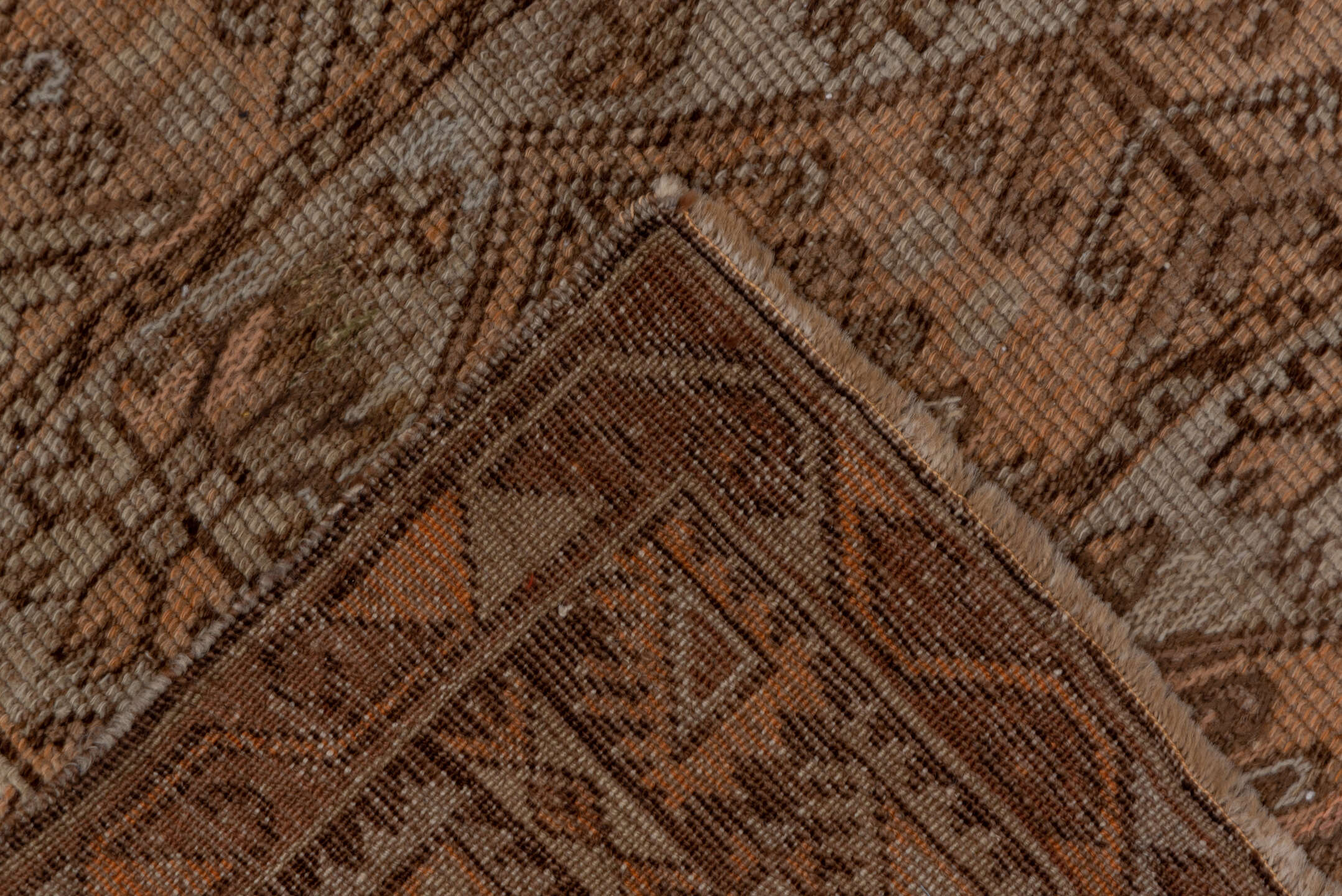 3' x 4' one-of-a-kind handmade vintage Oushak small size rug. Color palette: brown, gray, light gray, off-white, pink