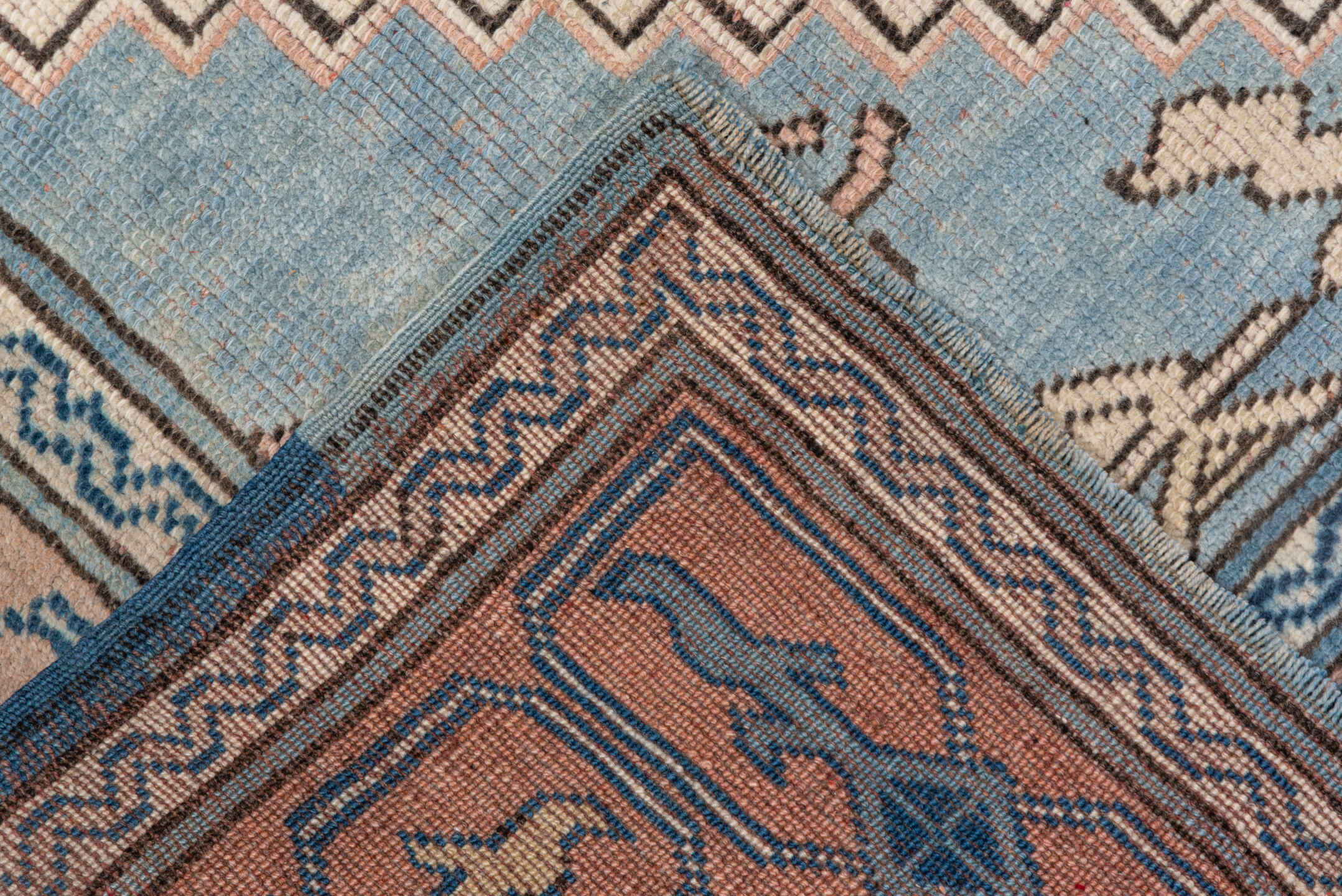 4' x 5' one-of-a-kind handmade vintage Oushak small size rug. Color palette: ivory, sky blue, blush, navy, taupe, light blue