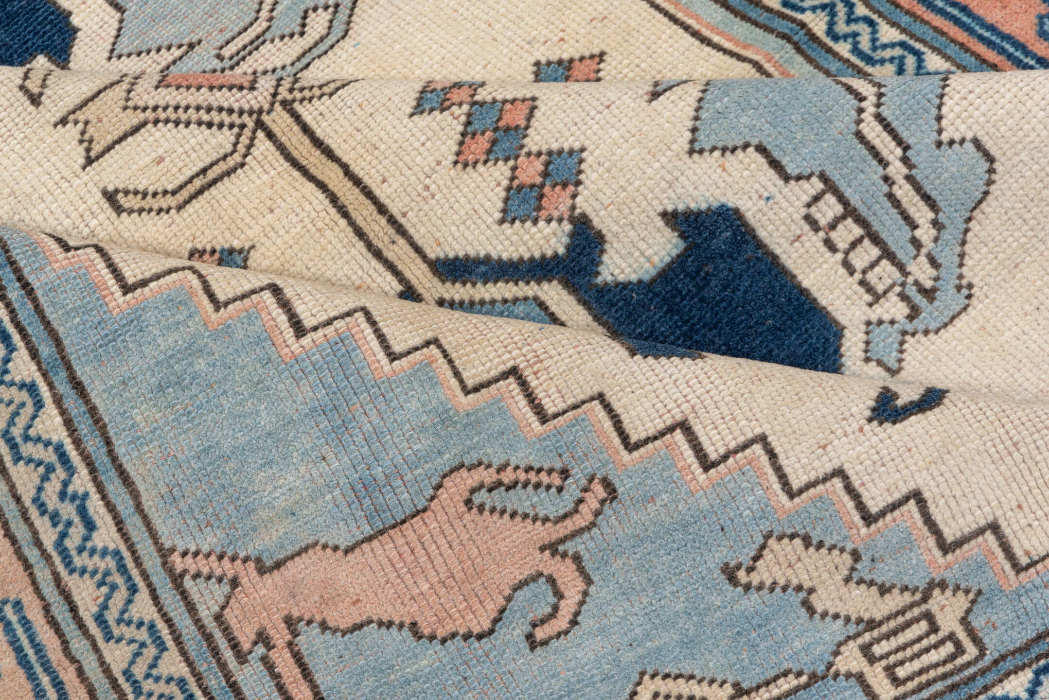 4' x 5' one-of-a-kind handmade vintage Oushak small size rug. Color palette: ivory, sky blue, blush, navy, taupe, light blue