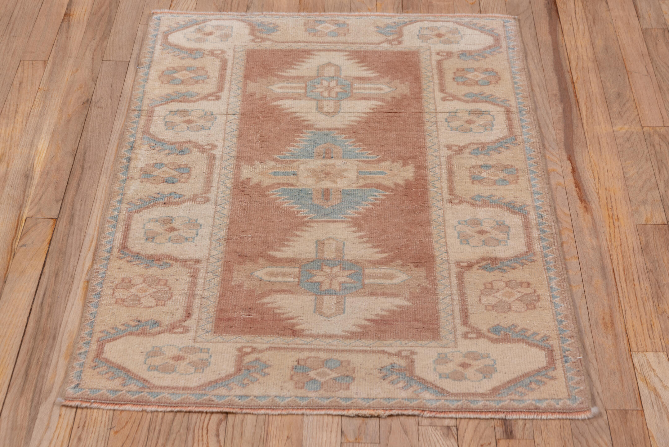 2' x 3' one-of-a-kind handmade vintage Oushak small size rug. Color palette: brown, gray, light gray, off-white, pink, snow