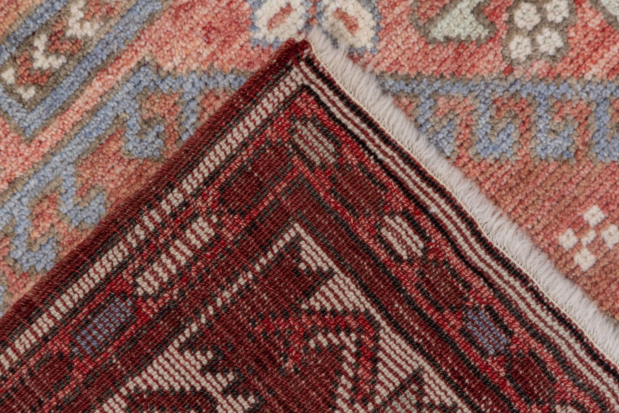 5' x 8' one-of-a-kind handmade vintage Oushak medium size rug. Color palette: terra cotta, ivory, dusty blue, rust, taupe