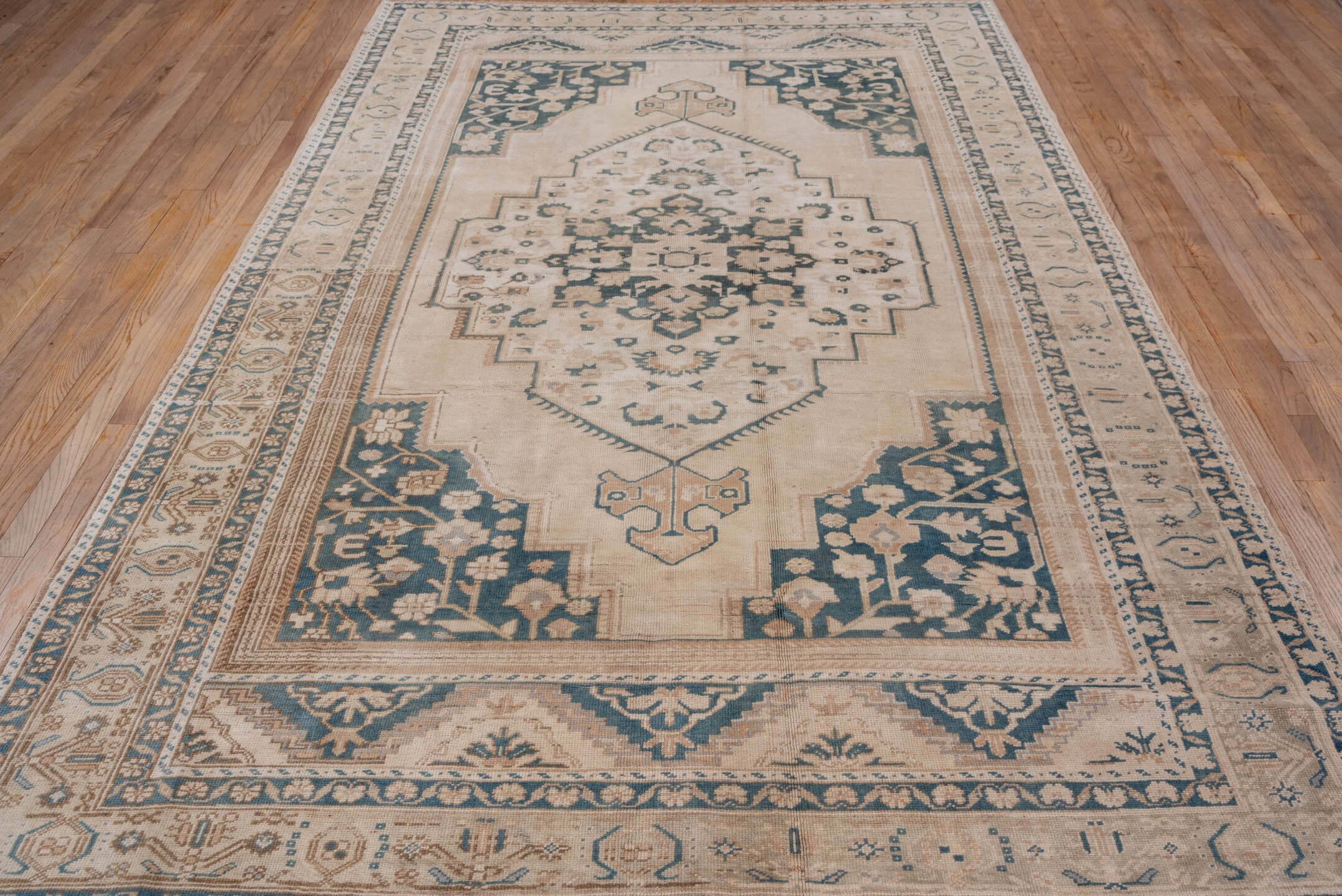 6' x 10' one-of-a-kind handmade vintage Oushak large size rug. Color palette: ivory, blue, beige, taupe, camel, gray