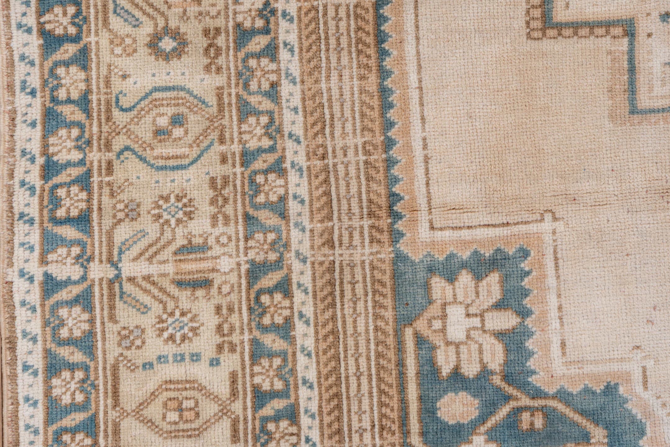 6' x 10' one-of-a-kind handmade vintage Oushak large size rug. Color palette: ivory, blue, beige, taupe, camel, gray