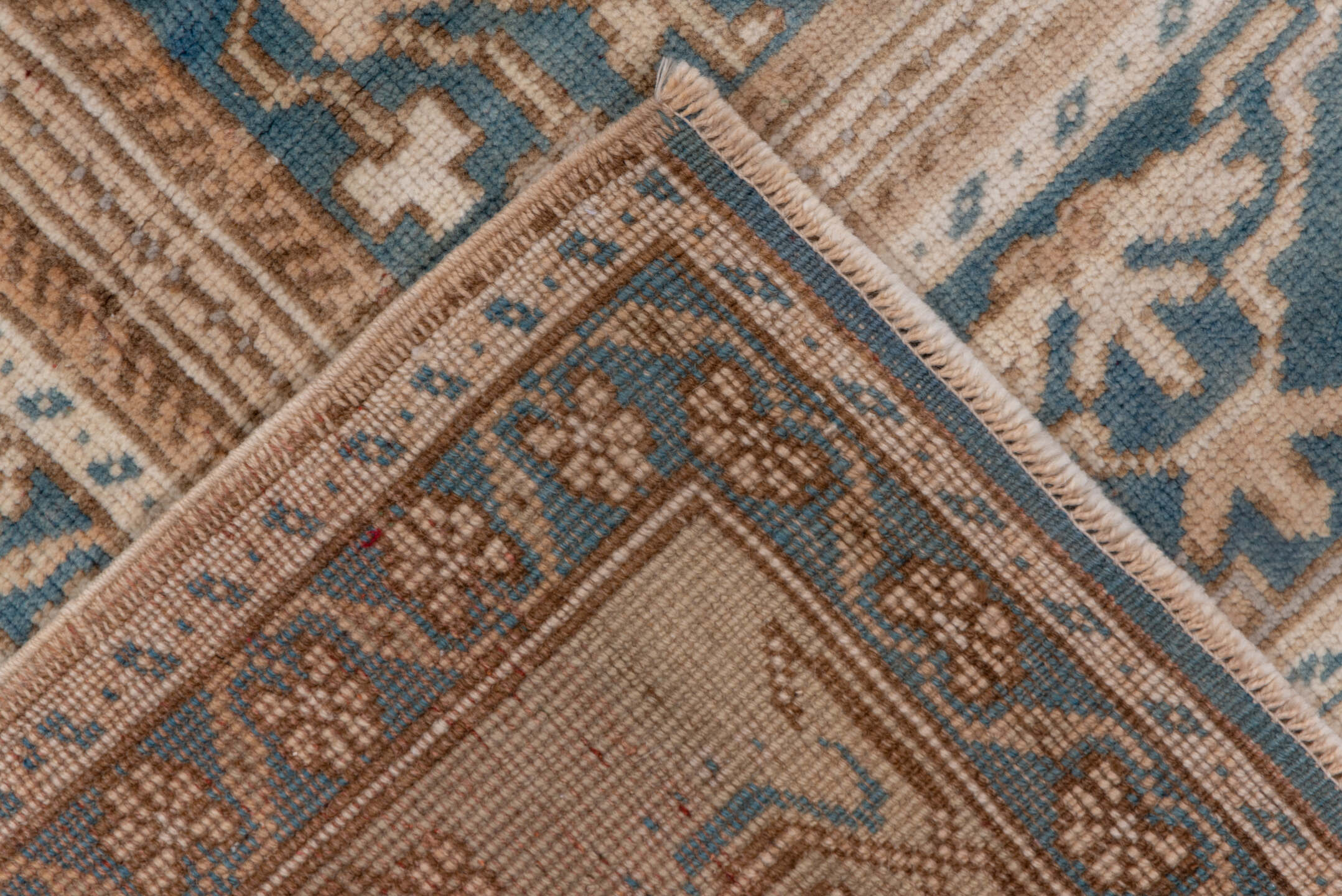 6' x 10' one-of-a-kind handmade vintage Oushak large size rug. Color palette: ivory, blue, beige, taupe, camel, gray