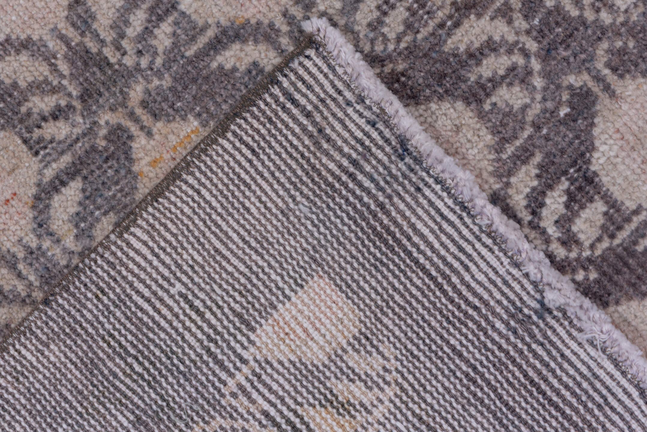 4' x 8' one-of-a-kind handmade vintage Oushak rug. Color palette: gray, ivory, taupe, beige
