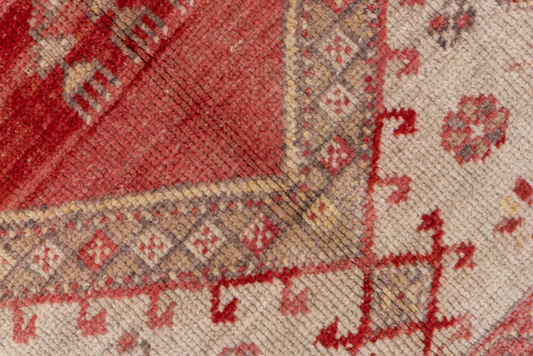 3' x 5' one-of-a-kind handmade vintage Oushak small size rug. Color palette: brown, gray, light gray, orange, pink, red