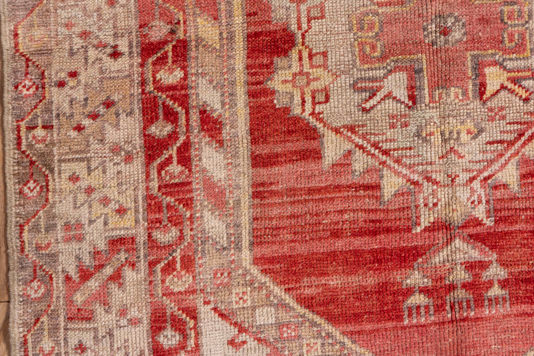 3' x 5' one-of-a-kind handmade vintage Oushak small size rug. Color palette: brown, gray, light gray, orange, pink, red