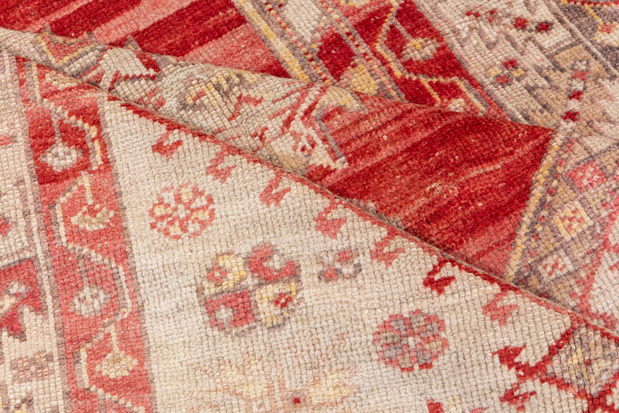 3' x 5' one-of-a-kind handmade vintage Oushak small size rug. Color palette: brown, gray, light gray, orange, pink, red