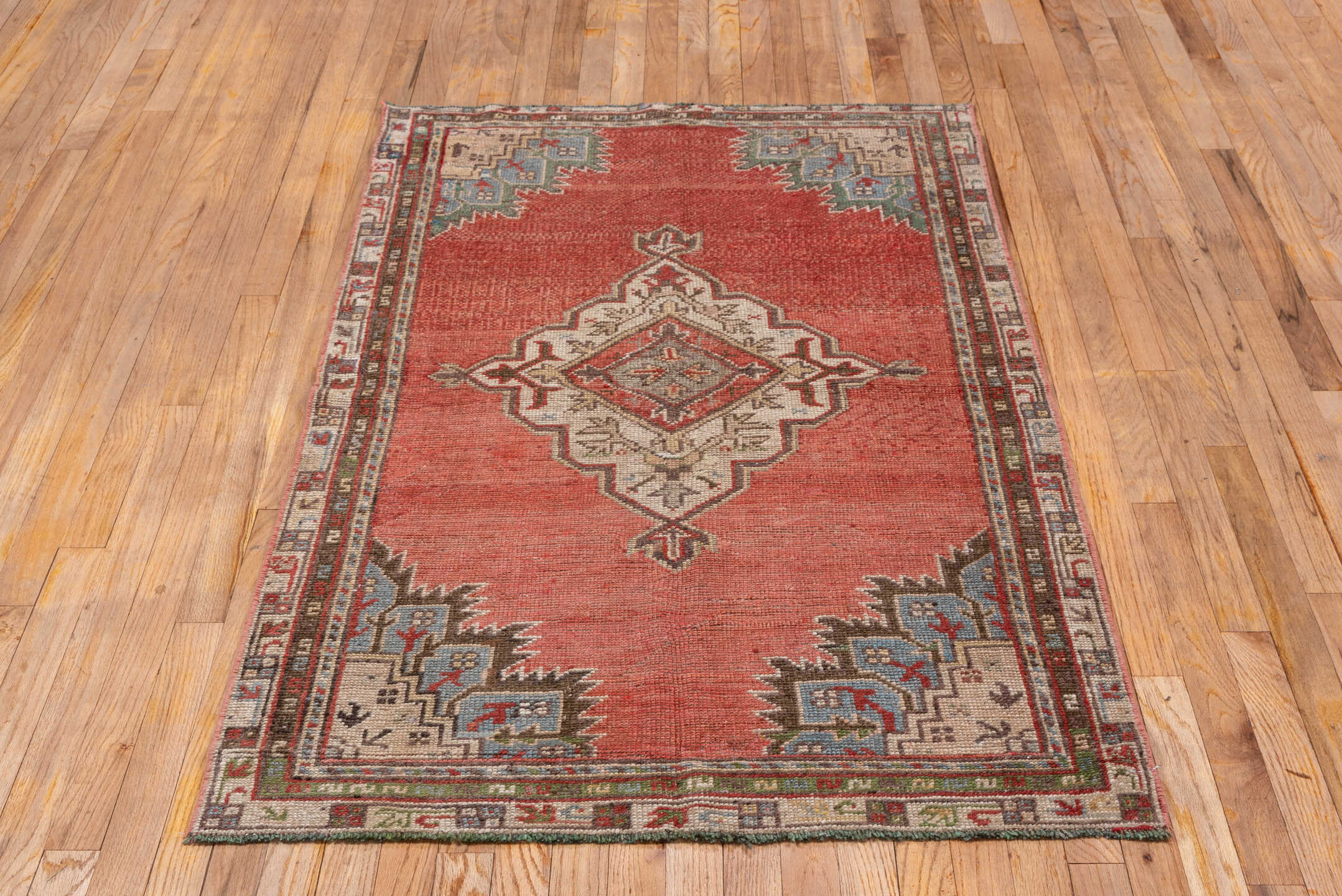 3' x 5' one-of-a-kind handmade vintage Oushak small size rug. Color palette: terra cotta, ivory, slate, rust, olive