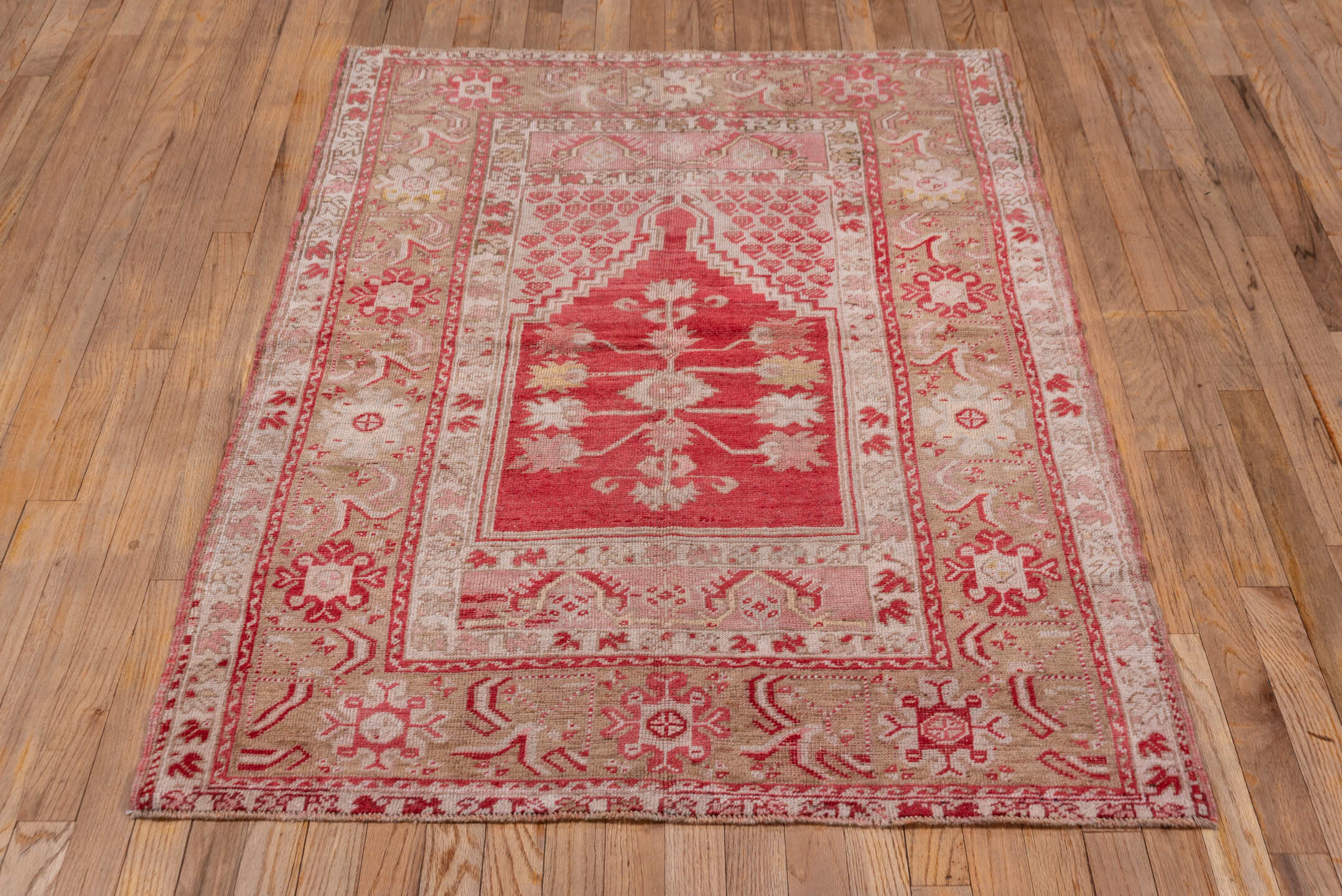 3' x 5' one-of-a-kind handmade vintage Oushak small size rug. Color palette: brown, gray, light gray, off-white, pink, red