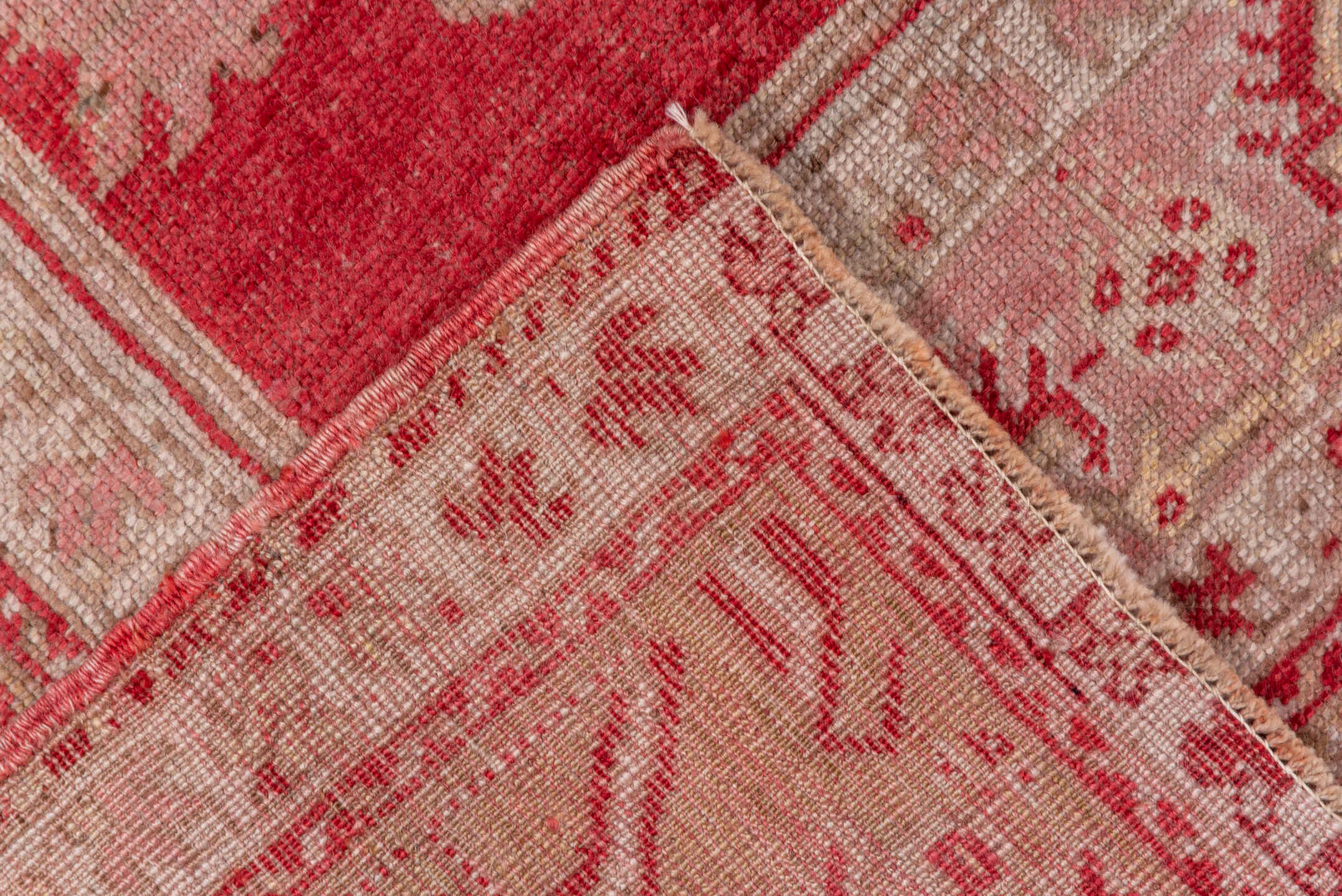 3' x 5' one-of-a-kind handmade vintage Oushak small size rug. Color palette: brown, gray, light gray, off-white, pink, red