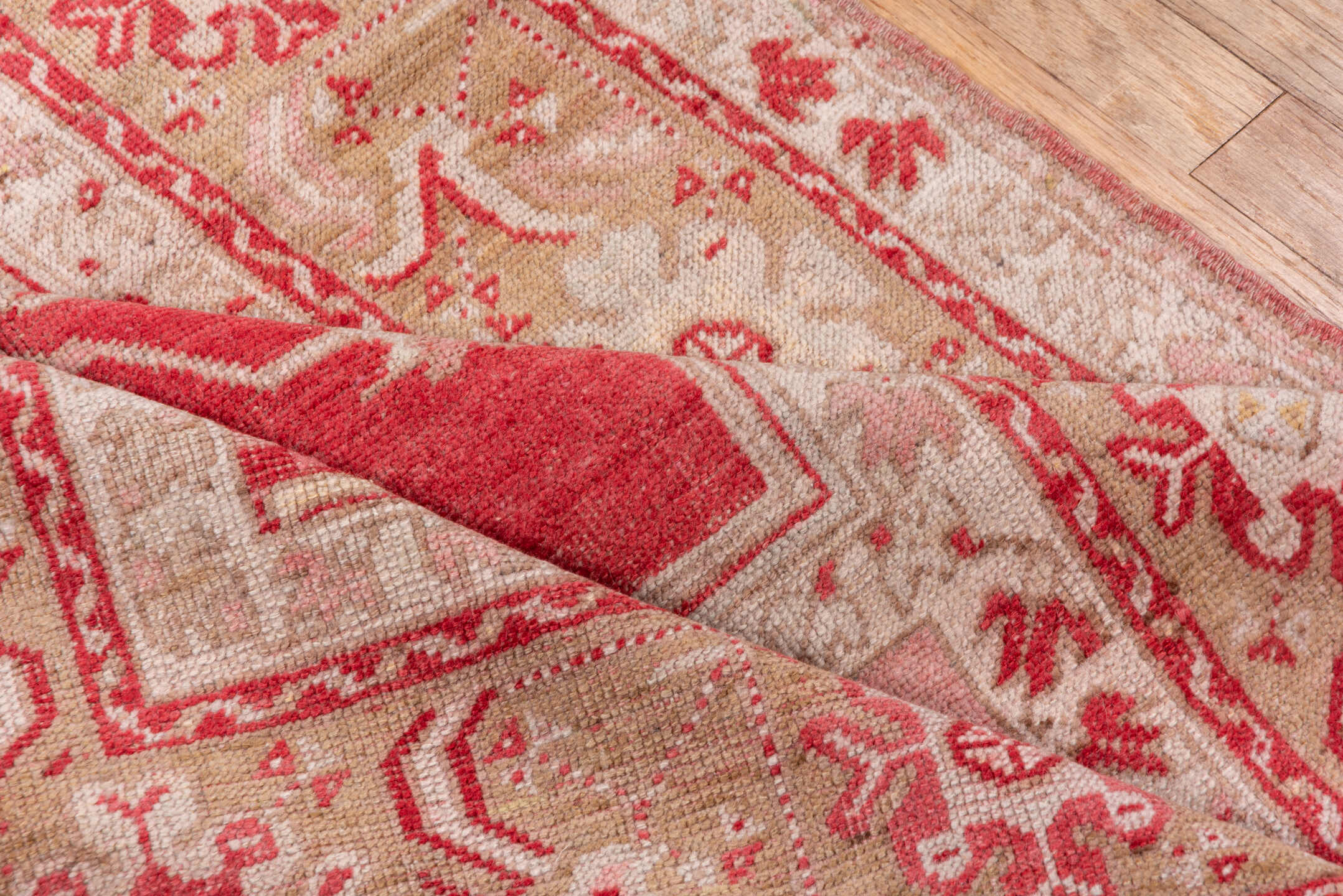 3' x 5' one-of-a-kind handmade vintage Oushak small size rug. Color palette: brown, gray, light gray, off-white, pink, red