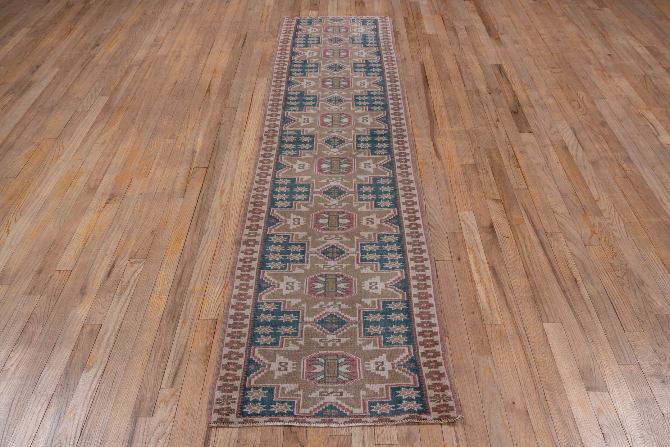 2' x 9' one-of-a-kind handmade vintage Oushak runner rug. Color palette: blue, gray, off-white, pink, snow, white