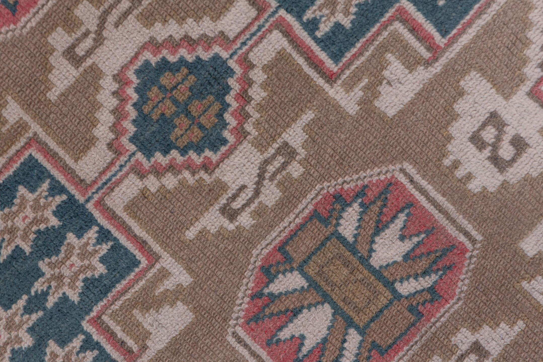 2' x 9' one-of-a-kind handmade vintage Oushak runner rug. Color palette: blue, gray, off-white, pink, snow, white