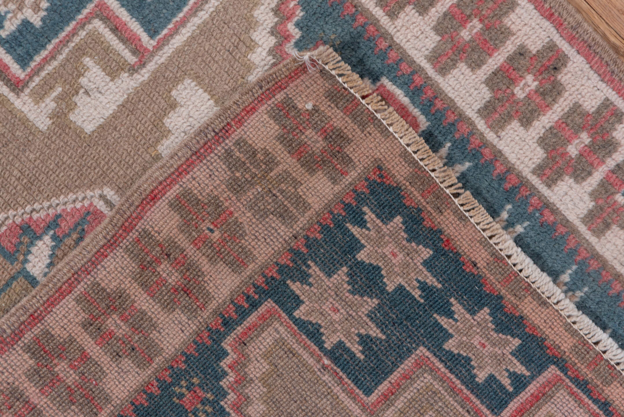 2' x 9' one-of-a-kind handmade vintage Oushak runner rug. Color palette: blue, gray, off-white, pink, snow, white