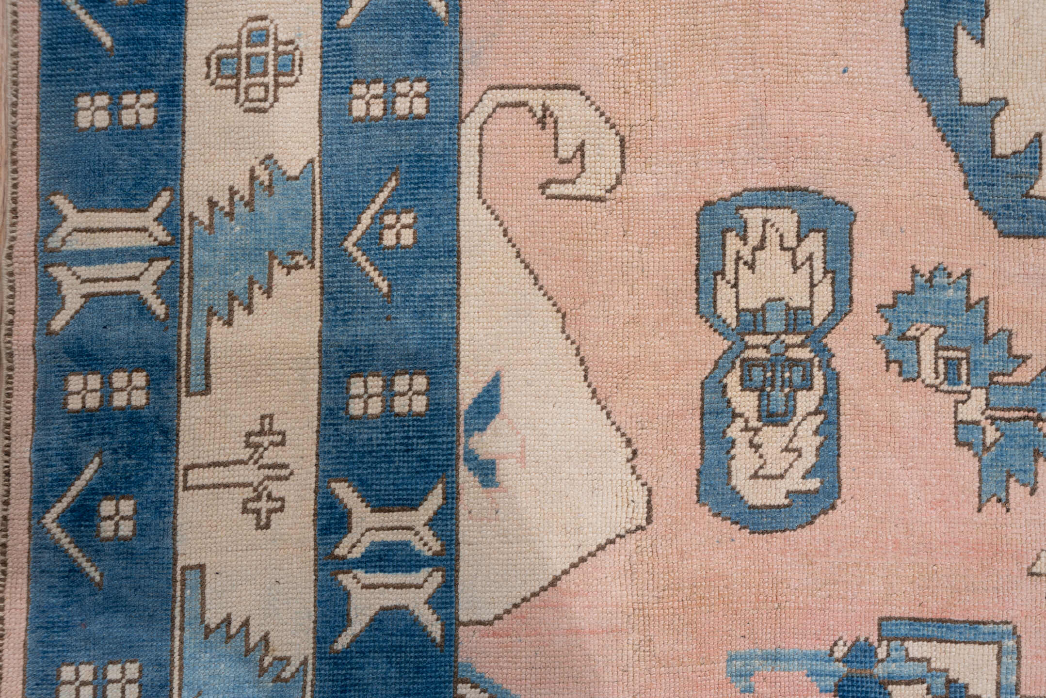 10' x 12' one-of-a-kind handmade vintage Oushak large size rug. Color palette: ivory, sky blue, blush, taupe, camel