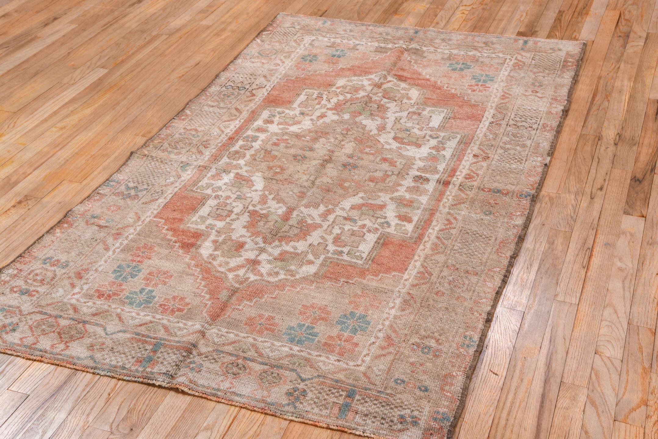 4' x 7' one-of-a-kind handmade vintage Oushak rug. Color palette: blush, taupe, ivory, coral, dusty blue, beige, pink, gray