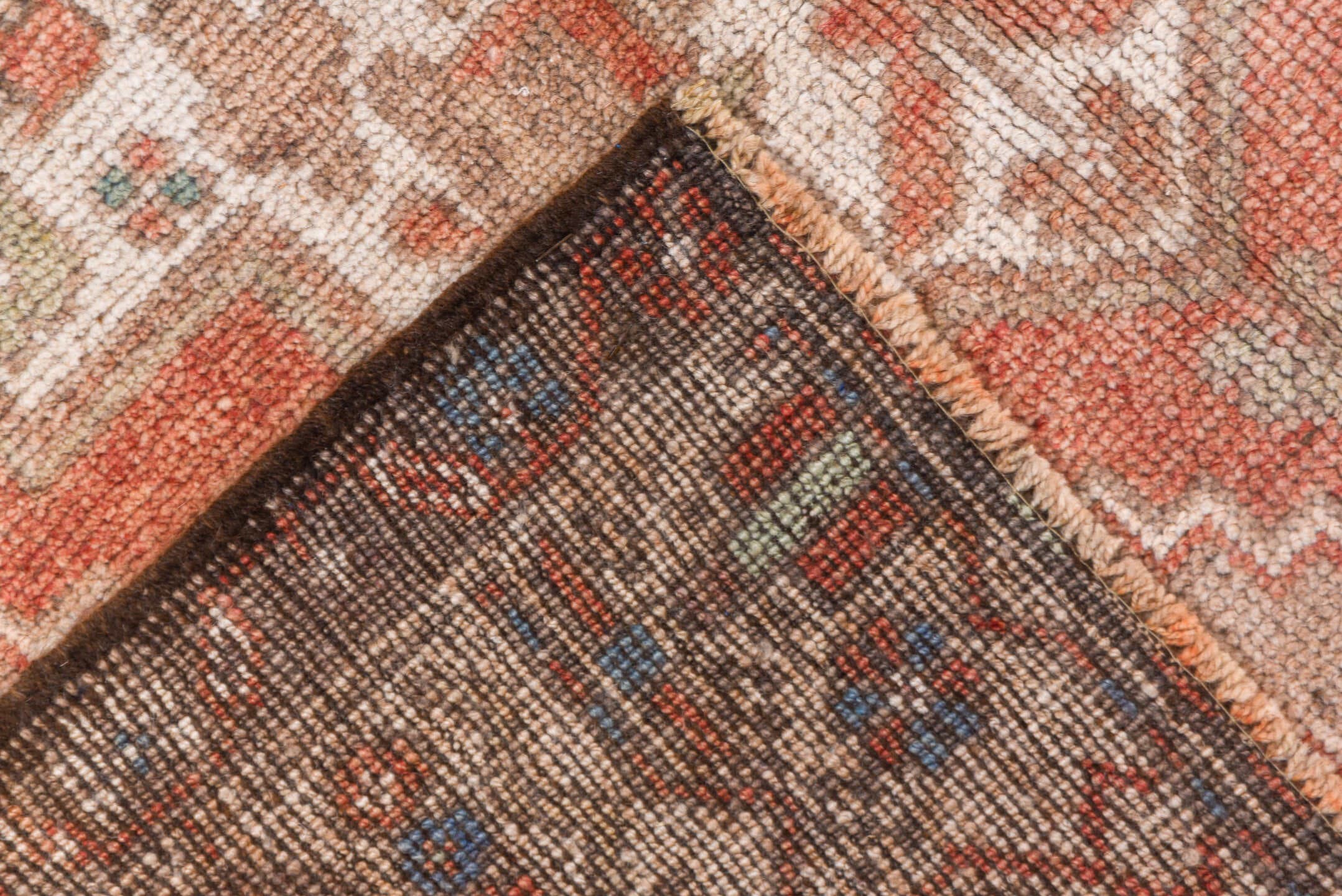 4' x 7' one-of-a-kind handmade vintage Oushak rug. Color palette: blush, taupe, ivory, coral, dusty blue, beige, pink, gray