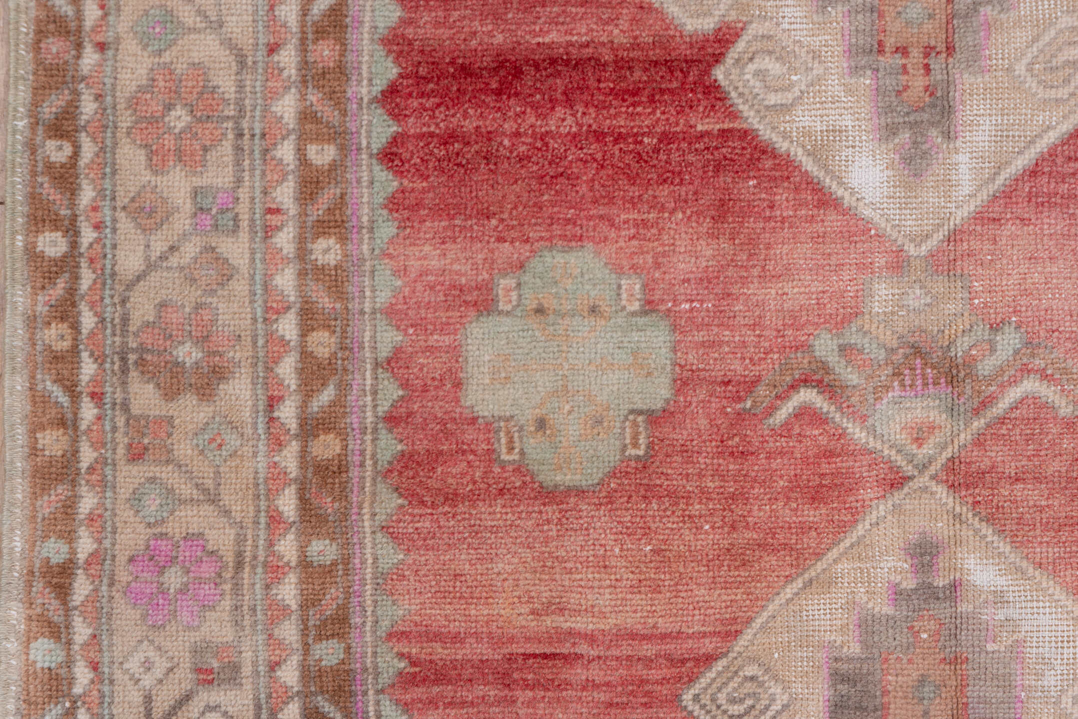 3' x 11' one-of-a-kind handmade vintage Oushak runner rug. Color palette: brown, gray, off-white, pink, red, snow, white
