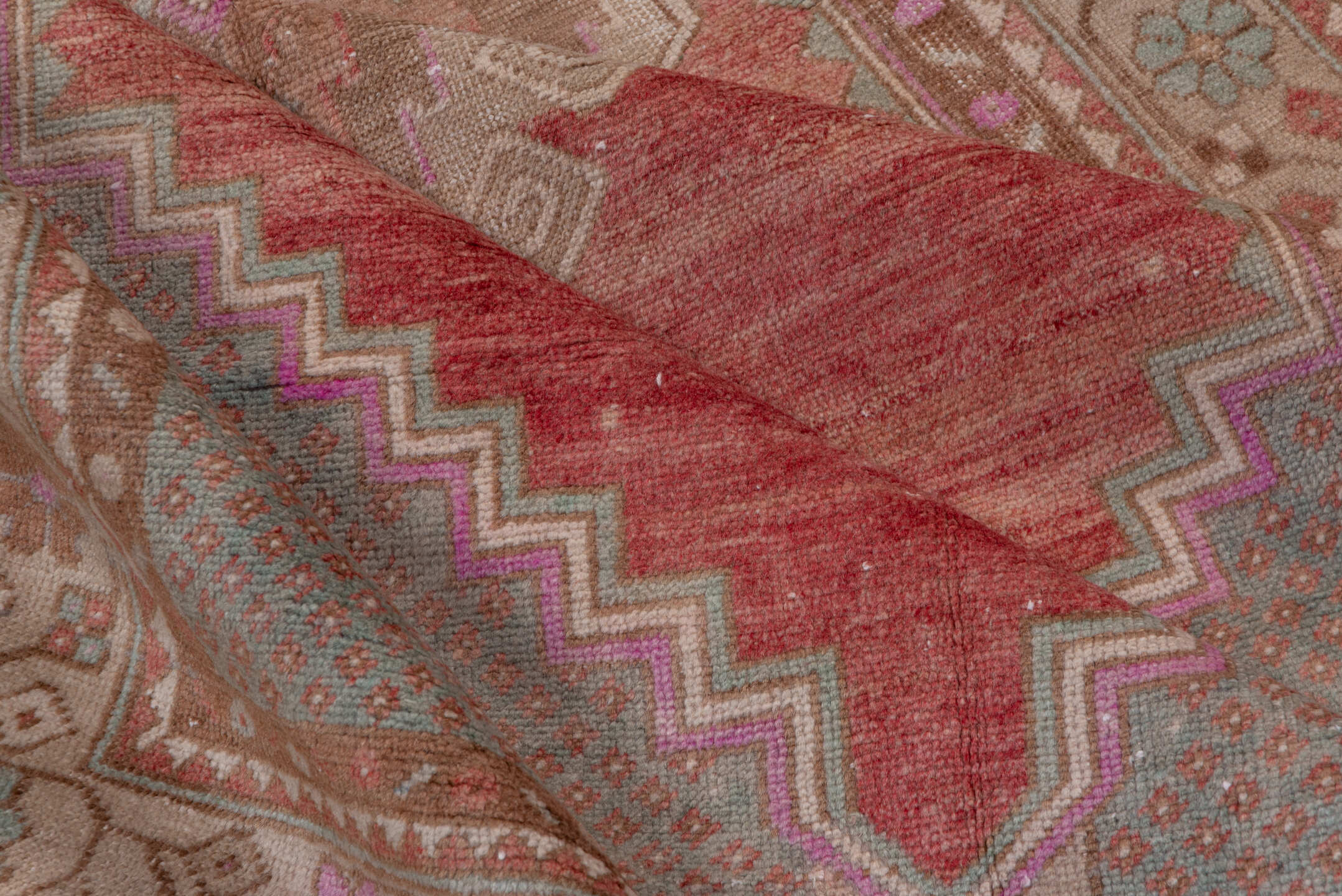 3' x 11' one-of-a-kind handmade vintage Oushak runner rug. Color palette: brown, gray, off-white, pink, red, snow, white