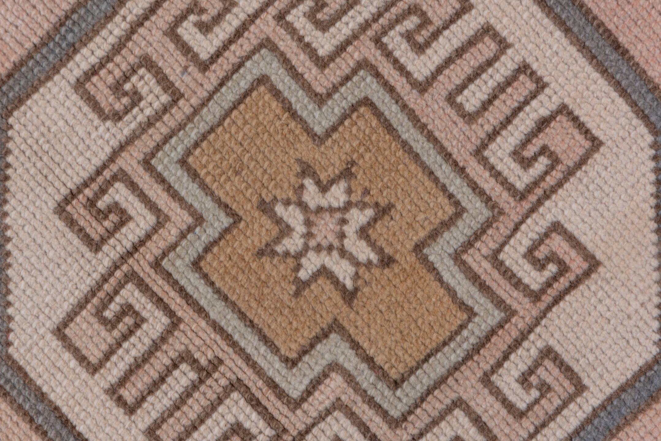 2' x 11' one-of-a-kind handmade vintage Oushak runner rug. Color palette: brown, gray, light gray, off-white, pink, snow