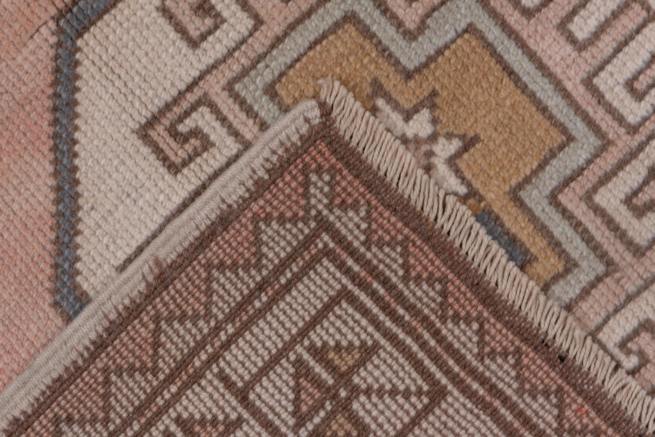 2' x 11' one-of-a-kind handmade vintage Oushak runner rug. Color palette: brown, gray, light gray, off-white, pink, snow
