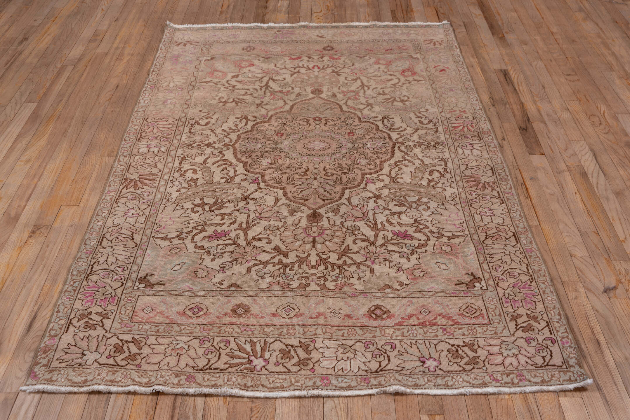 4' x 7' one-of-a-kind handmade vintage Oushak rug. Color palette: brown, gray, light gray, off-white, orange, pink