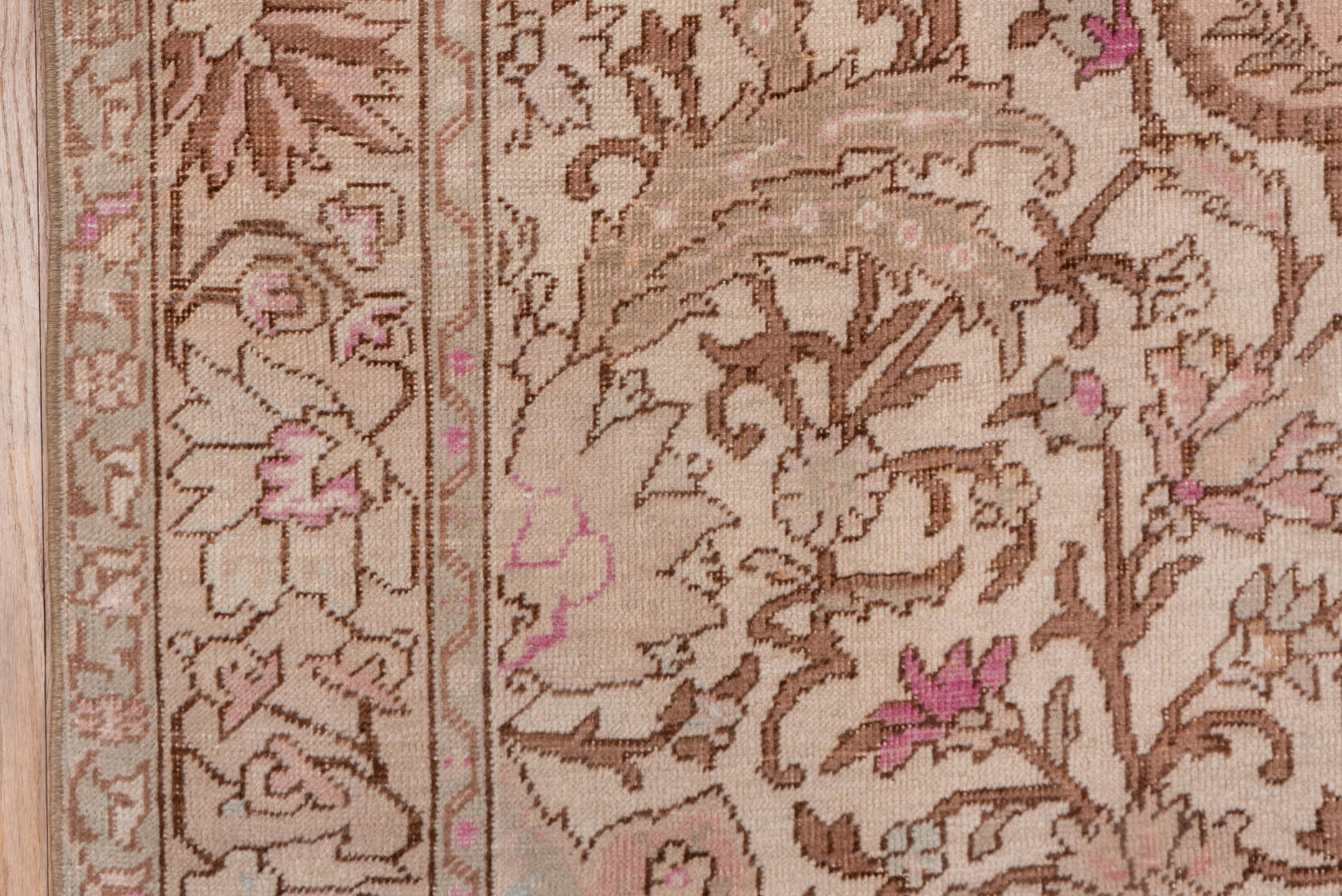 4' x 7' one-of-a-kind handmade vintage Oushak rug. Color palette: brown, gray, light gray, off-white, orange, pink