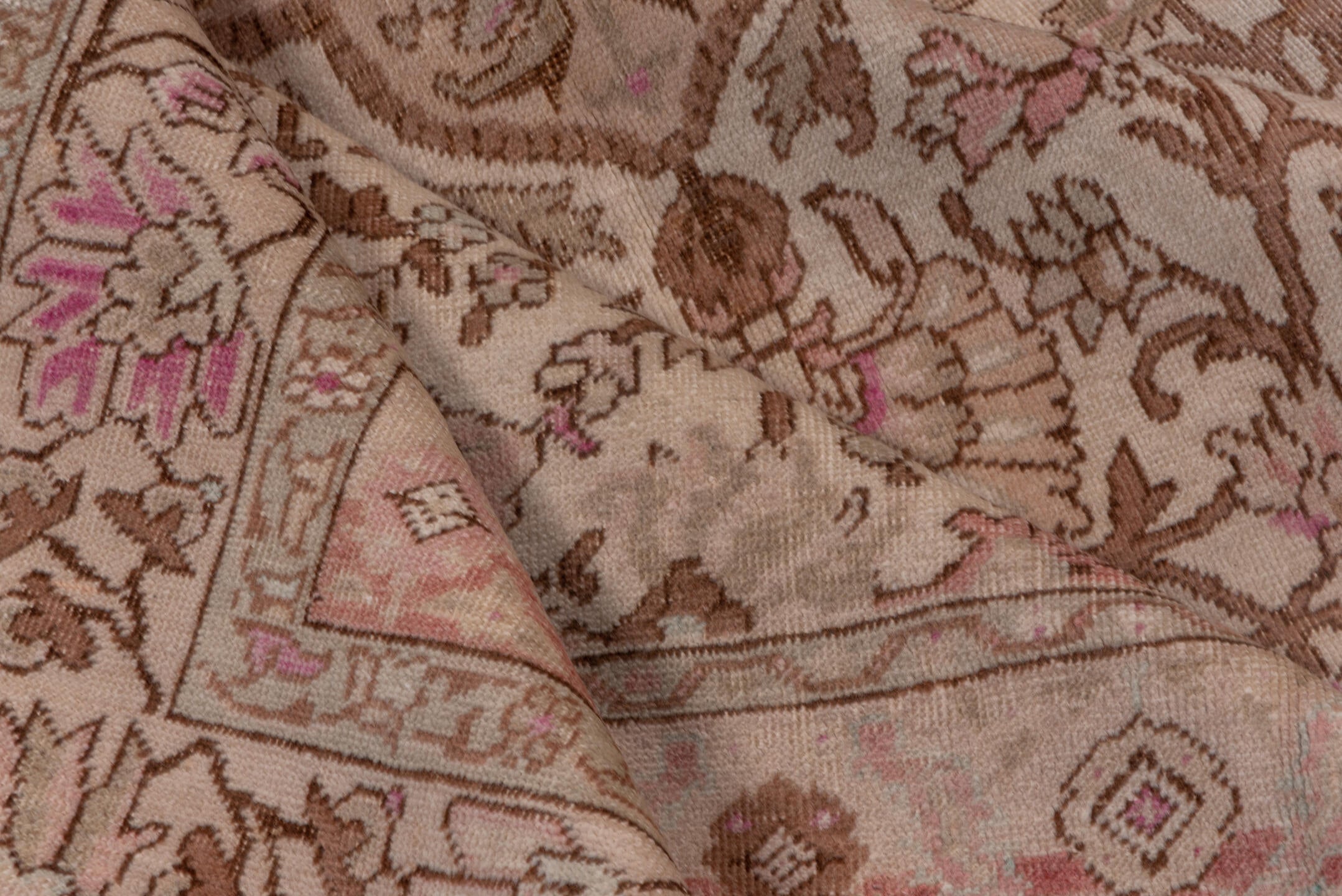 4' x 7' one-of-a-kind handmade vintage Oushak rug. Color palette: brown, gray, light gray, off-white, orange, pink