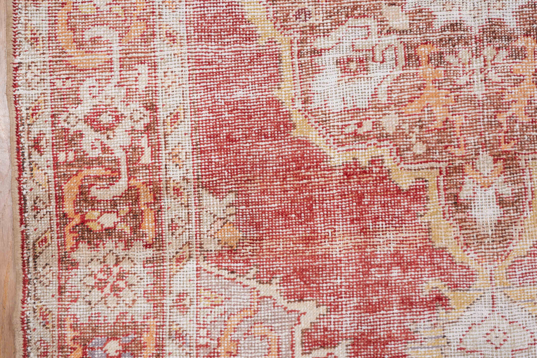 6' x 9' one-of-a-kind handmade vintage Oushak medium size rug. Color palette: terra cotta, ivory, rose, gold, rust, beige