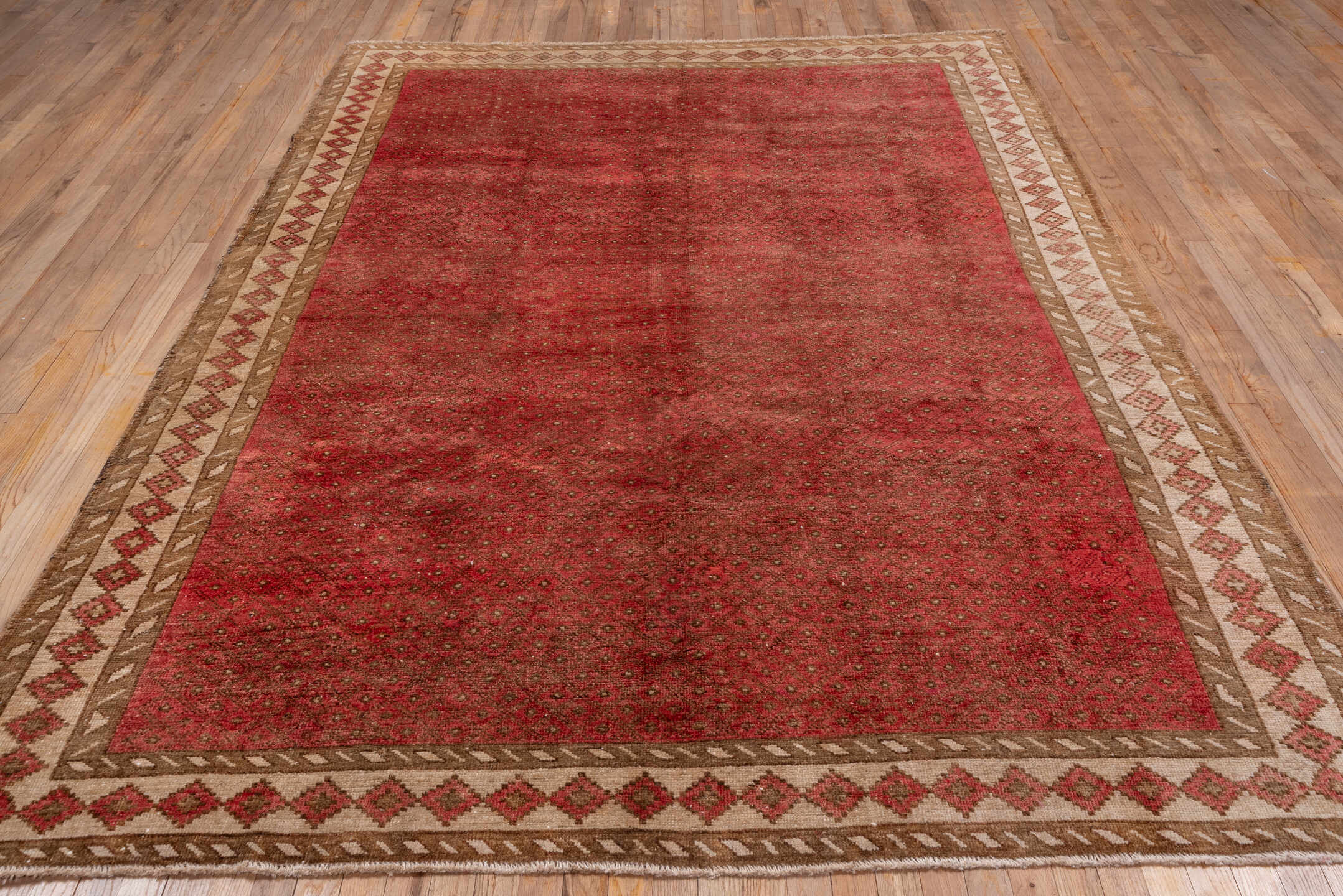 6' x 10' one-of-a-kind handmade antique Oushak large size rug. Color palette: rose, rust, camel, ivory, taupe, brown, pink