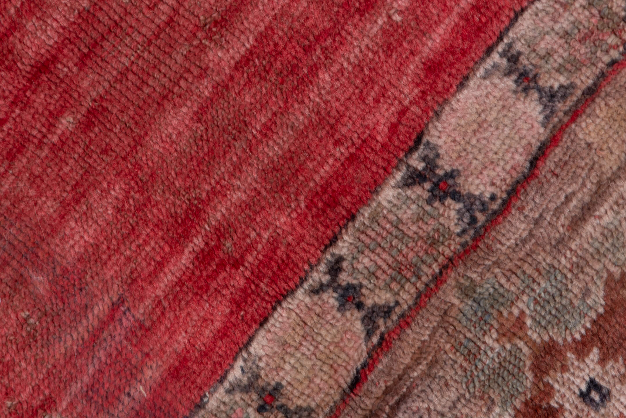 7' x 8' one-of-a-kind handmade antique Oushak rug. Color palette: coral, taupe, rose, ivory, sage, rust, charcoal