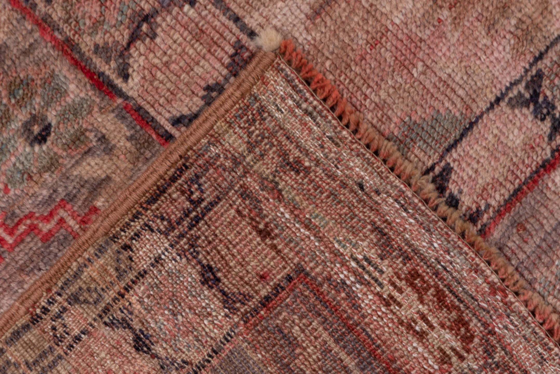 7' x 8' one-of-a-kind handmade antique Oushak rug. Color palette: coral, taupe, rose, ivory, sage, rust, charcoal