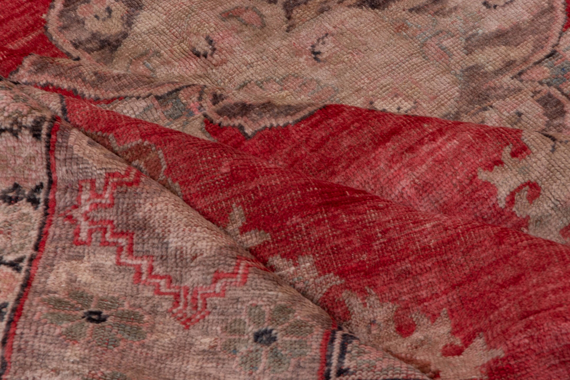 7' x 8' one-of-a-kind handmade antique Oushak rug. Color palette: coral, taupe, rose, ivory, sage, rust, charcoal