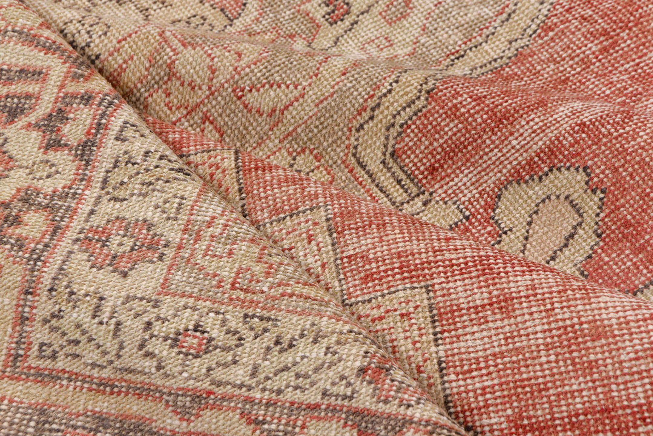 7' x 10' one-of-a-kind handmade vintage Oushak large size rug. Color palette: brown, gray, light gray, off-white, pink, red