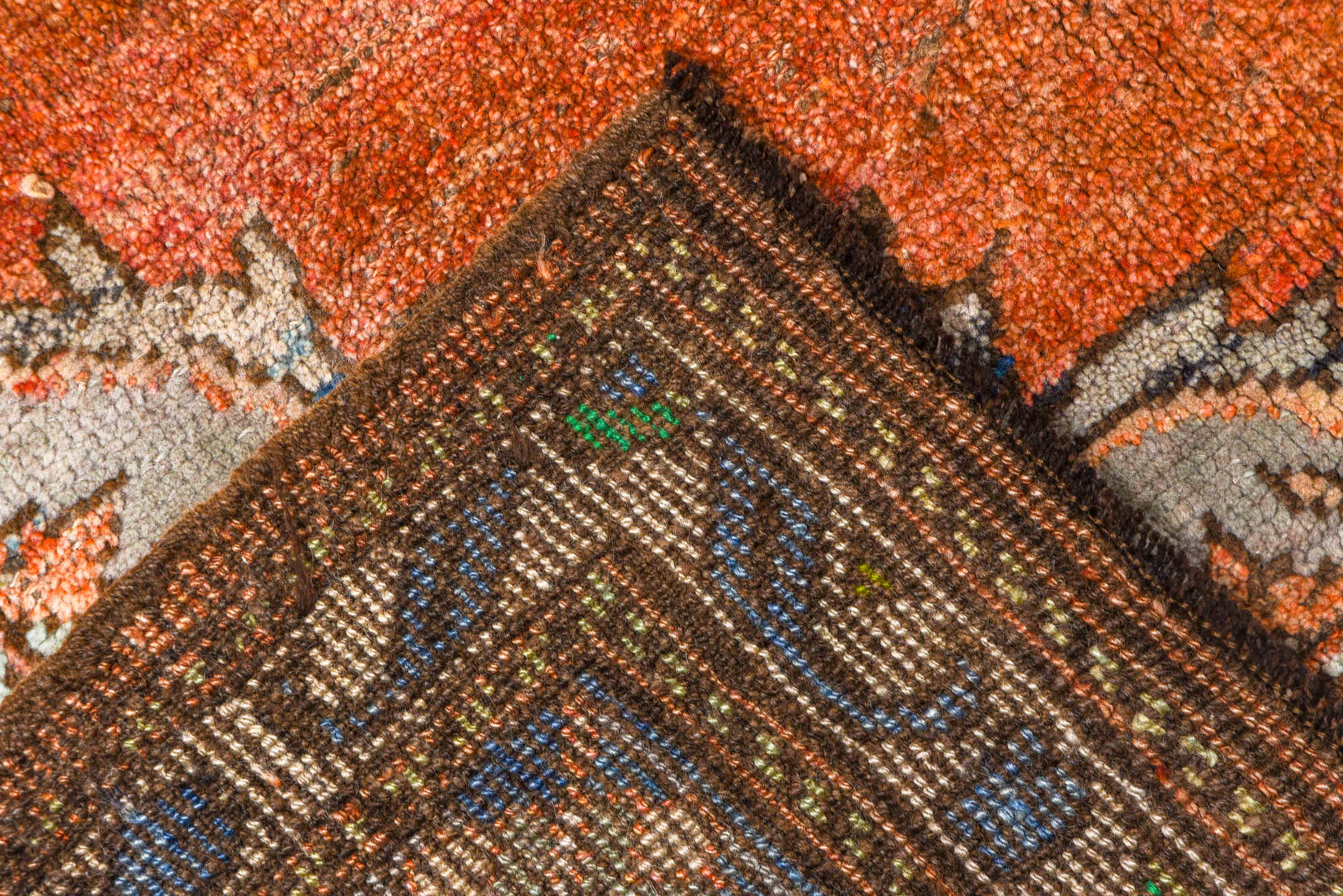7' x 8' one-of-a-kind handmade vintage Oushak rug. Color palette: terra cotta, ivory, blue, sky blue, gray, rust, green