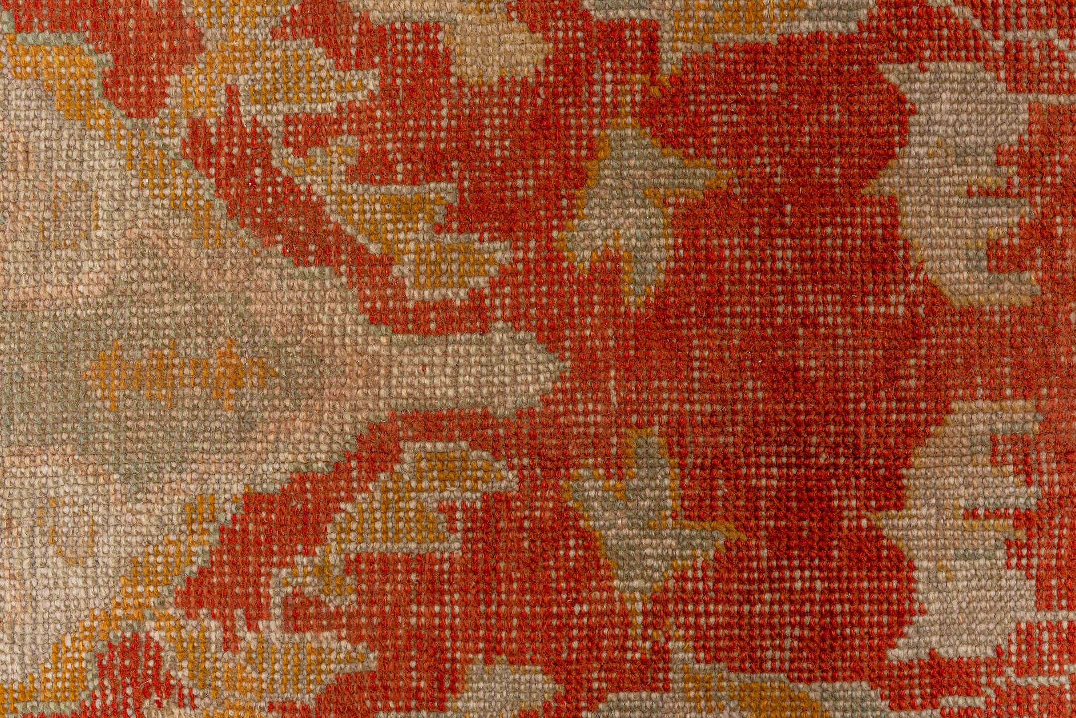 13' x 15' one-of-a-kind handmade antique Oushak oversize rug. Color palette: rust, ivory, sage, gold, terra cotta, beige