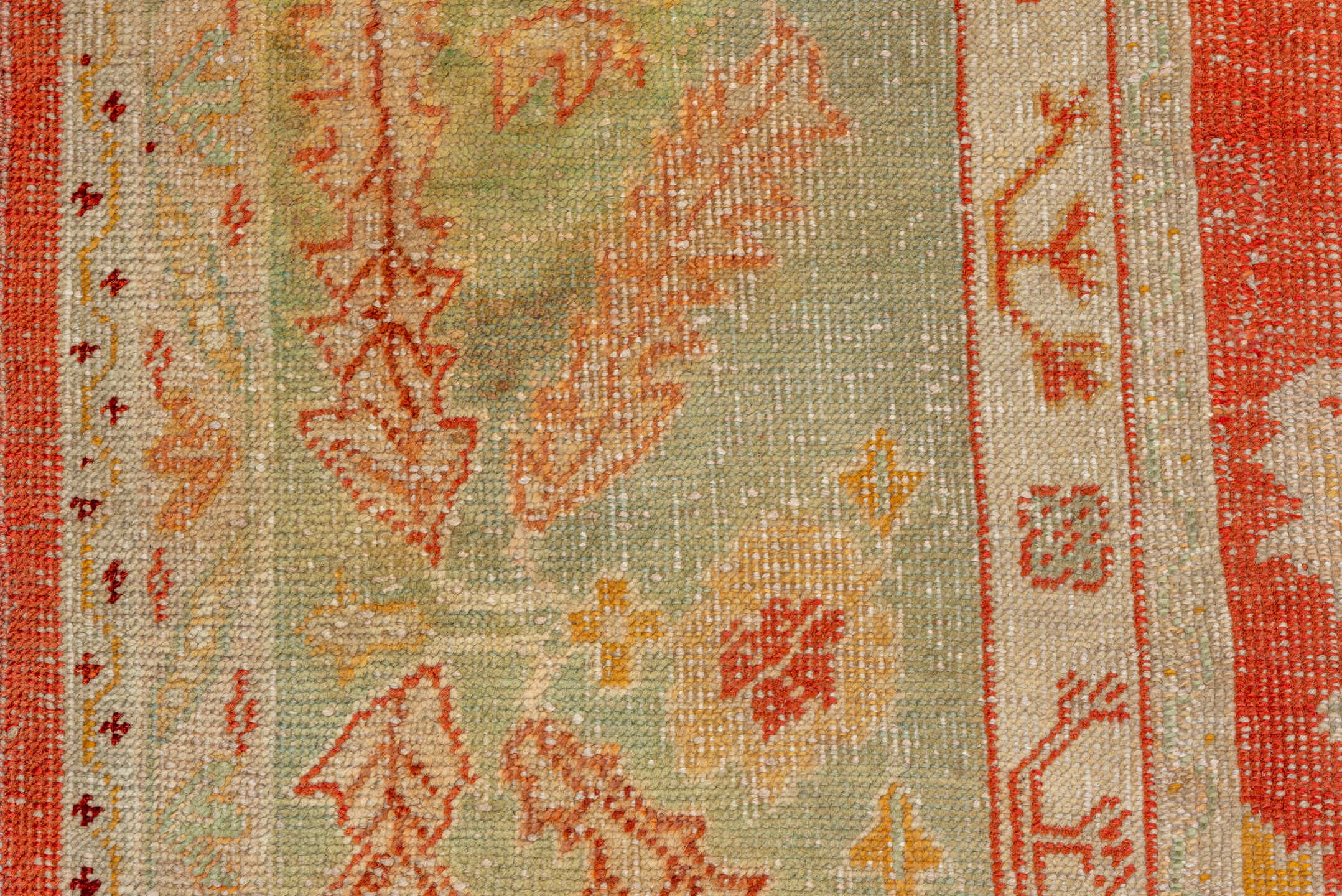 13' x 15' one-of-a-kind handmade antique Oushak oversize rug. Color palette: rust, ivory, sage, gold, terra cotta, beige