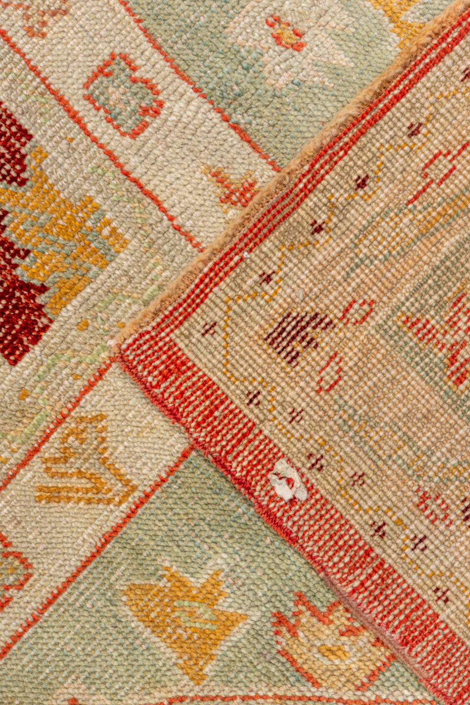 13' x 15' one-of-a-kind handmade antique Oushak oversize rug. Color palette: rust, ivory, sage, gold, terra cotta, beige