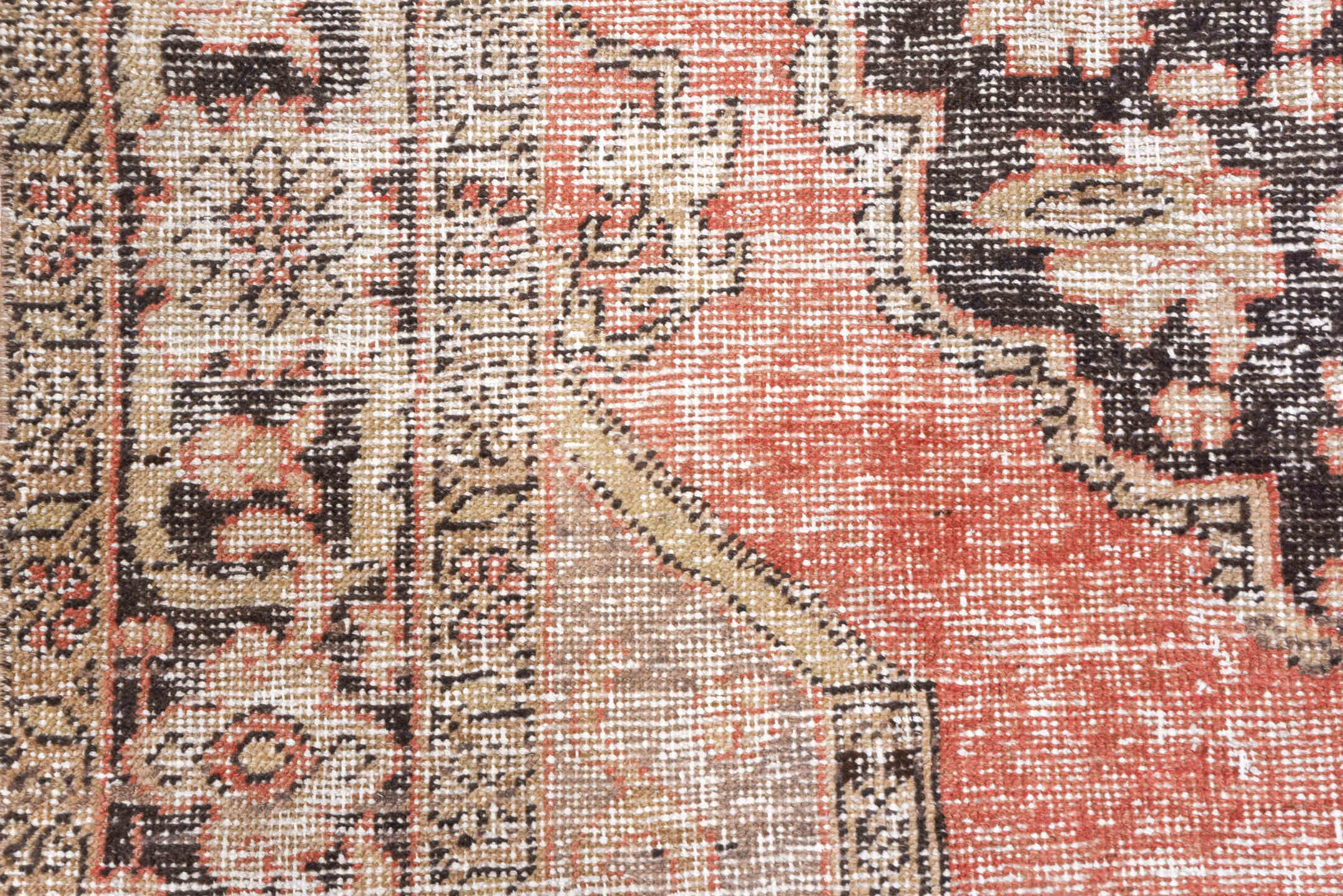 8' x 12' one-of-a-kind handmade vintage Oushak large size rug. Color palette: coral, ivory, charcoal, blush, taupe, rose