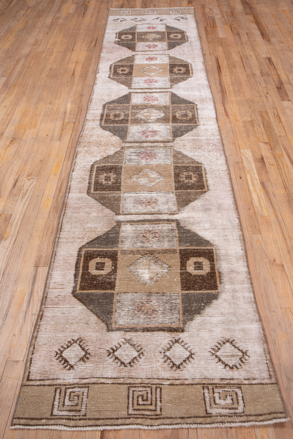 2' x 13' one-of-a-kind handmade vintage Oushak runner rug. Color palette: brown, gray, light gray, off-white, orange, pink