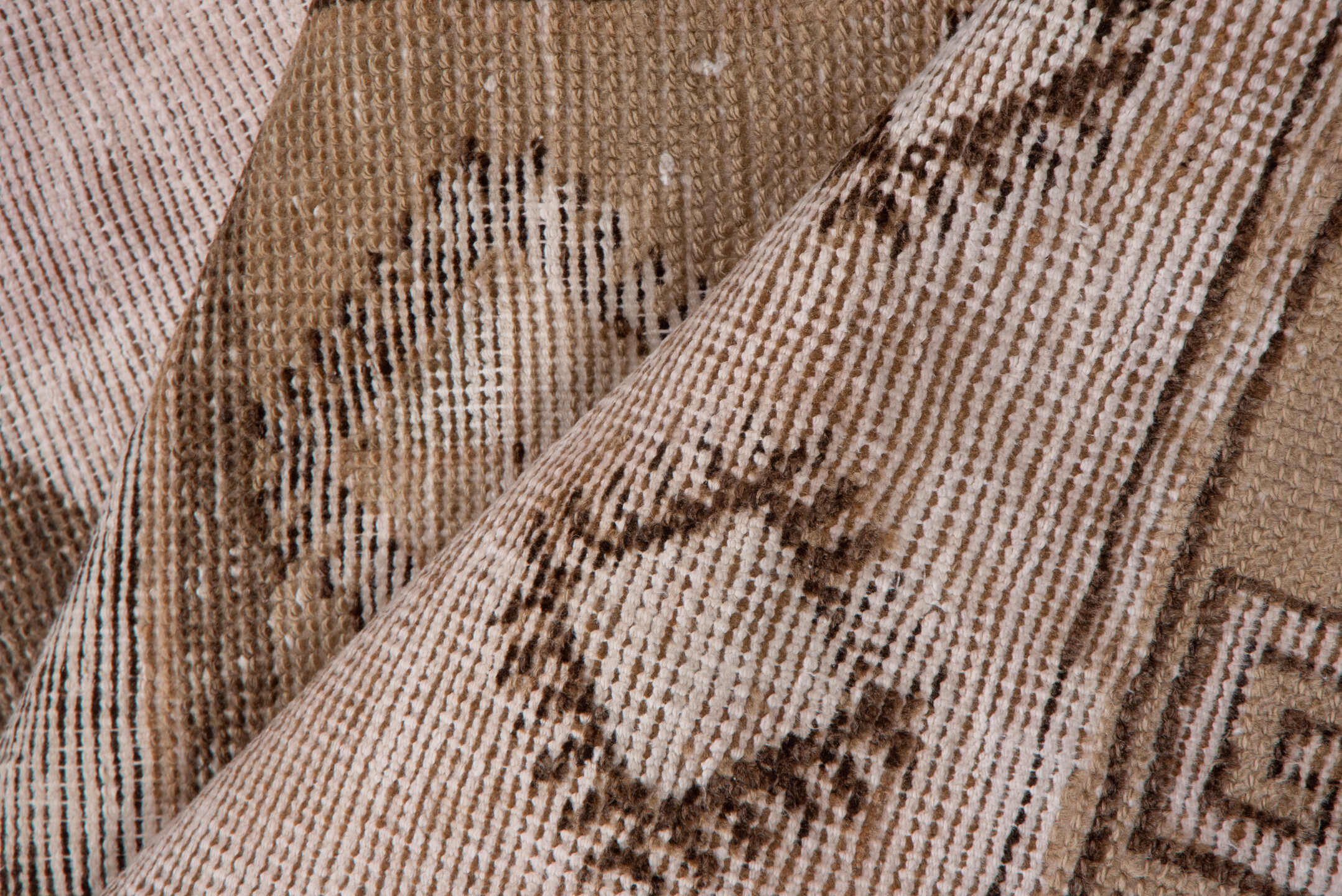 2' x 13' one-of-a-kind handmade vintage Oushak runner rug. Color palette: blush, taupe, brown, ivory, rose, camel, pink