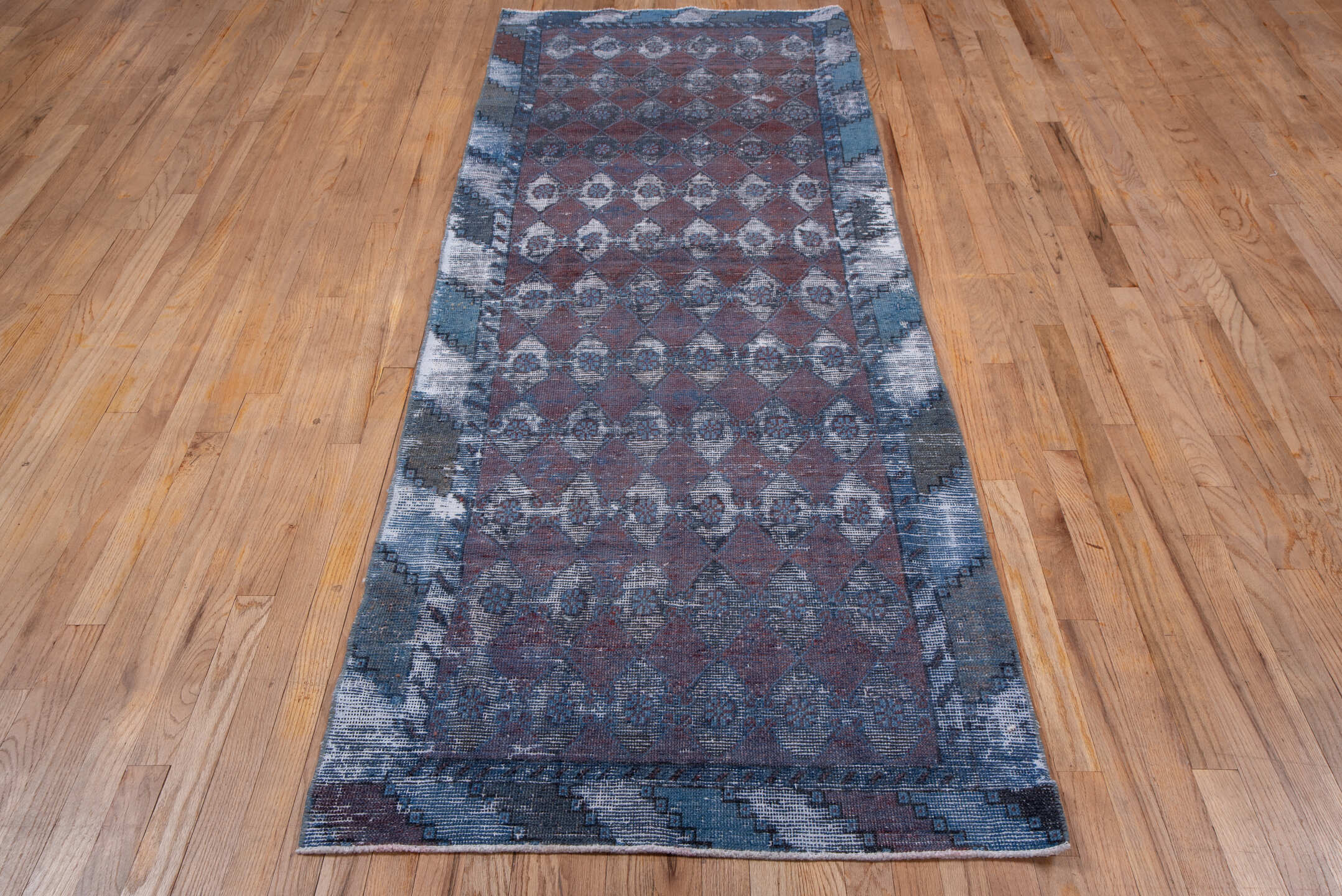 3' x 8' one-of-a-kind handmade vintage Overdyed runner rug. Color palette: blue, brown, gray, light blue, light gray