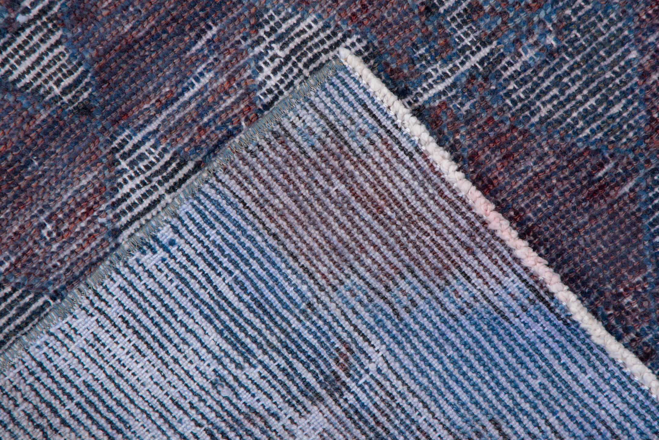 3' x 8' one-of-a-kind handmade vintage Overdyed runner rug. Color palette: blue, brown, gray, light blue, light gray