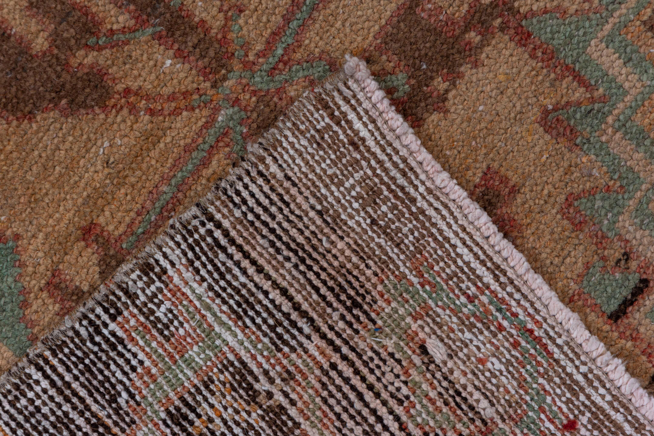 2' x 10' one-of-a-kind handmade vintage Oushak runner rug. Color palette: terra cotta, camel, tan, turquoise, brown, ivory