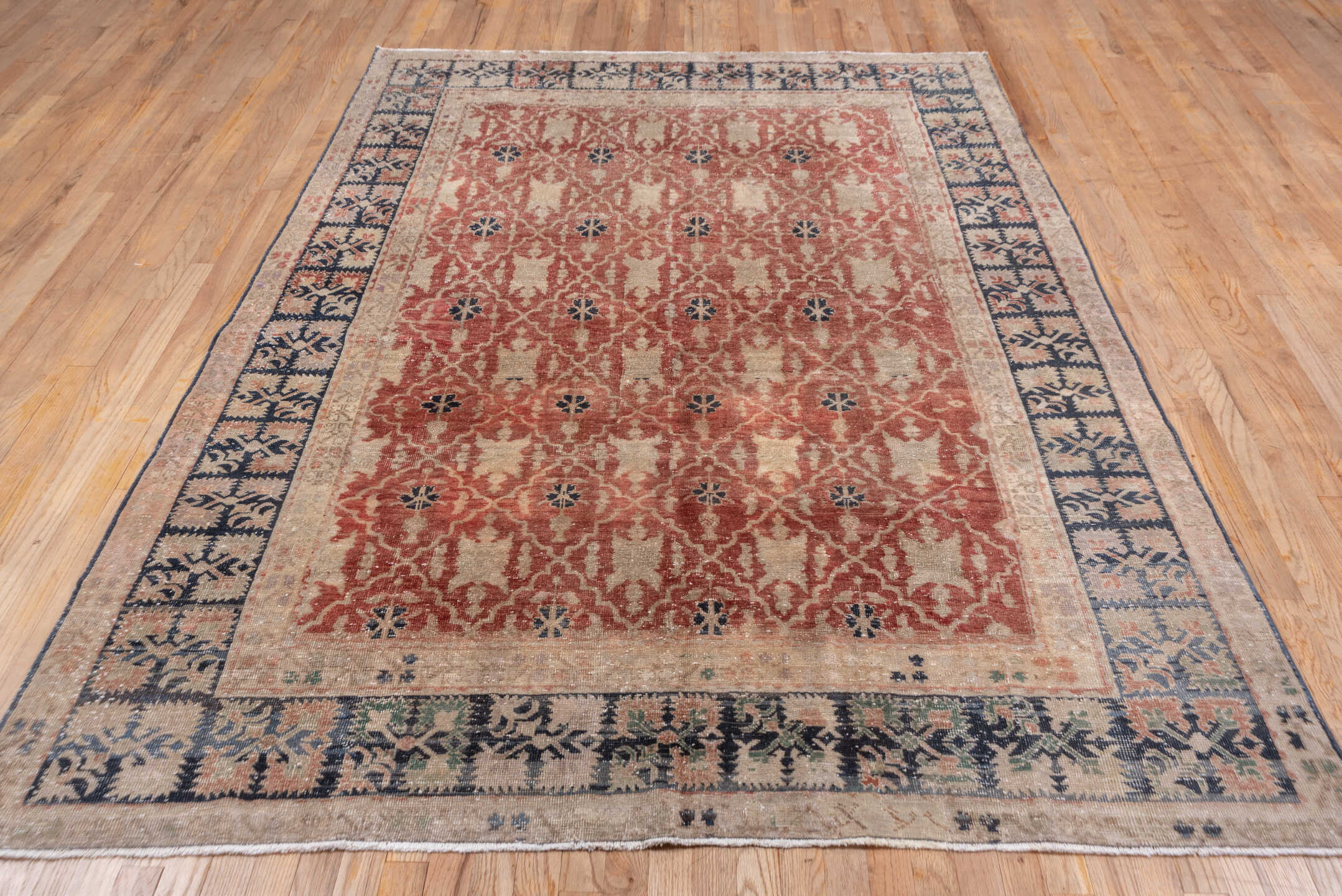 6' x 8' one-of-a-kind handmade vintage Oushak medium size rug. Color palette: black, blue, brown, gray, light gray, pink