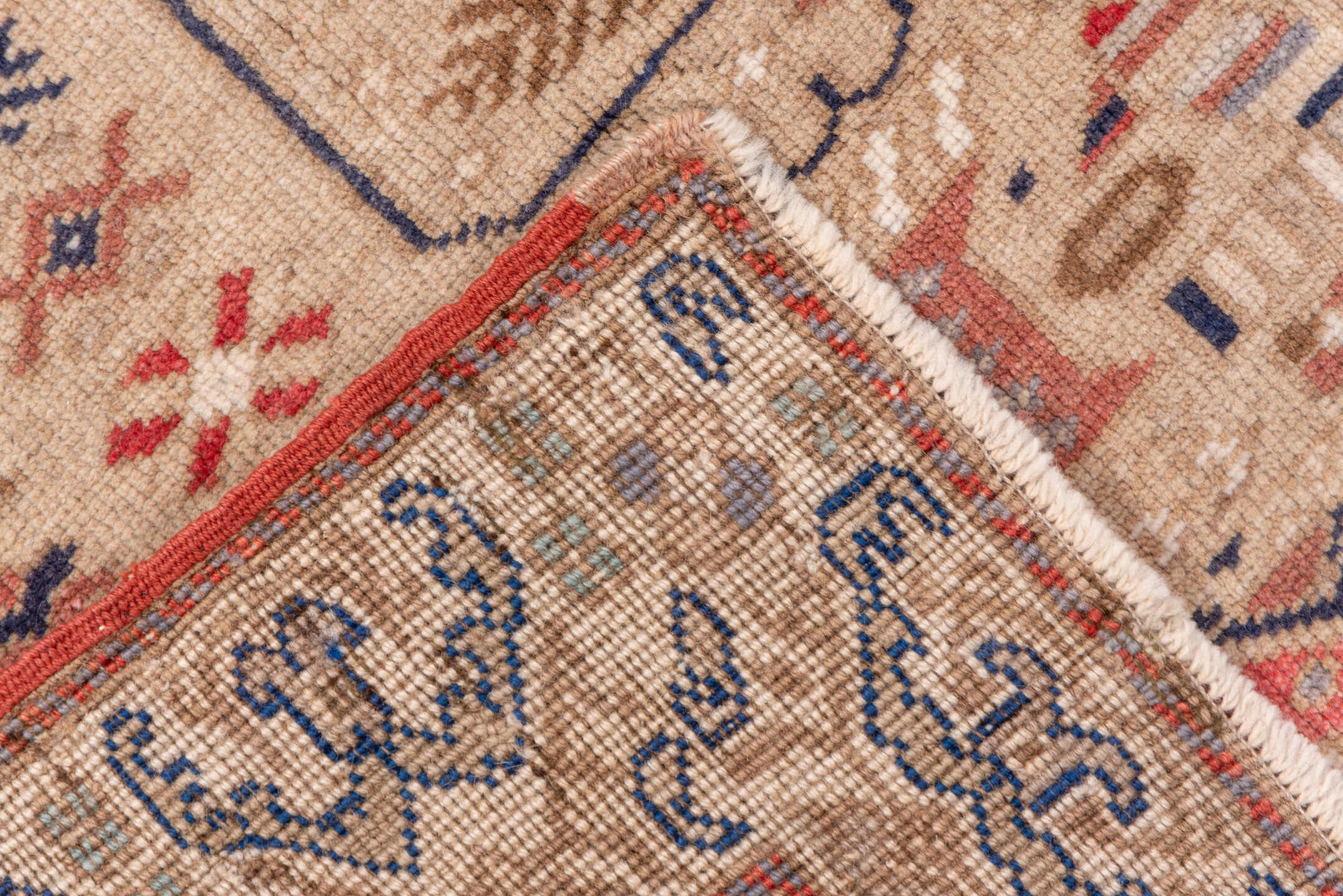 6' x 9' one-of-a-kind handmade vintage Oushak medium size rug. Color palette: ivory, blush, sand, muted blue, taupe