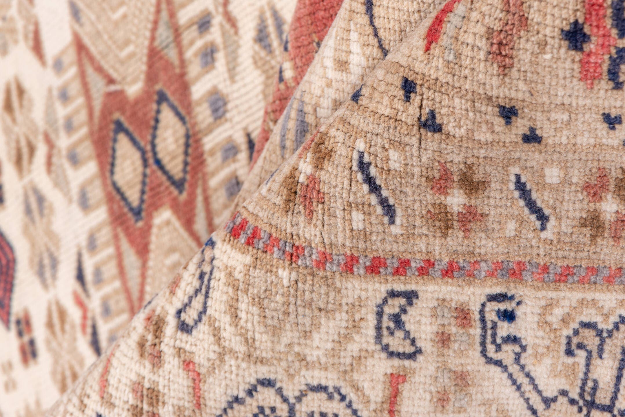 6' x 9' one-of-a-kind handmade vintage Oushak medium size rug. Color palette: ivory, blush, sand, muted blue, taupe
