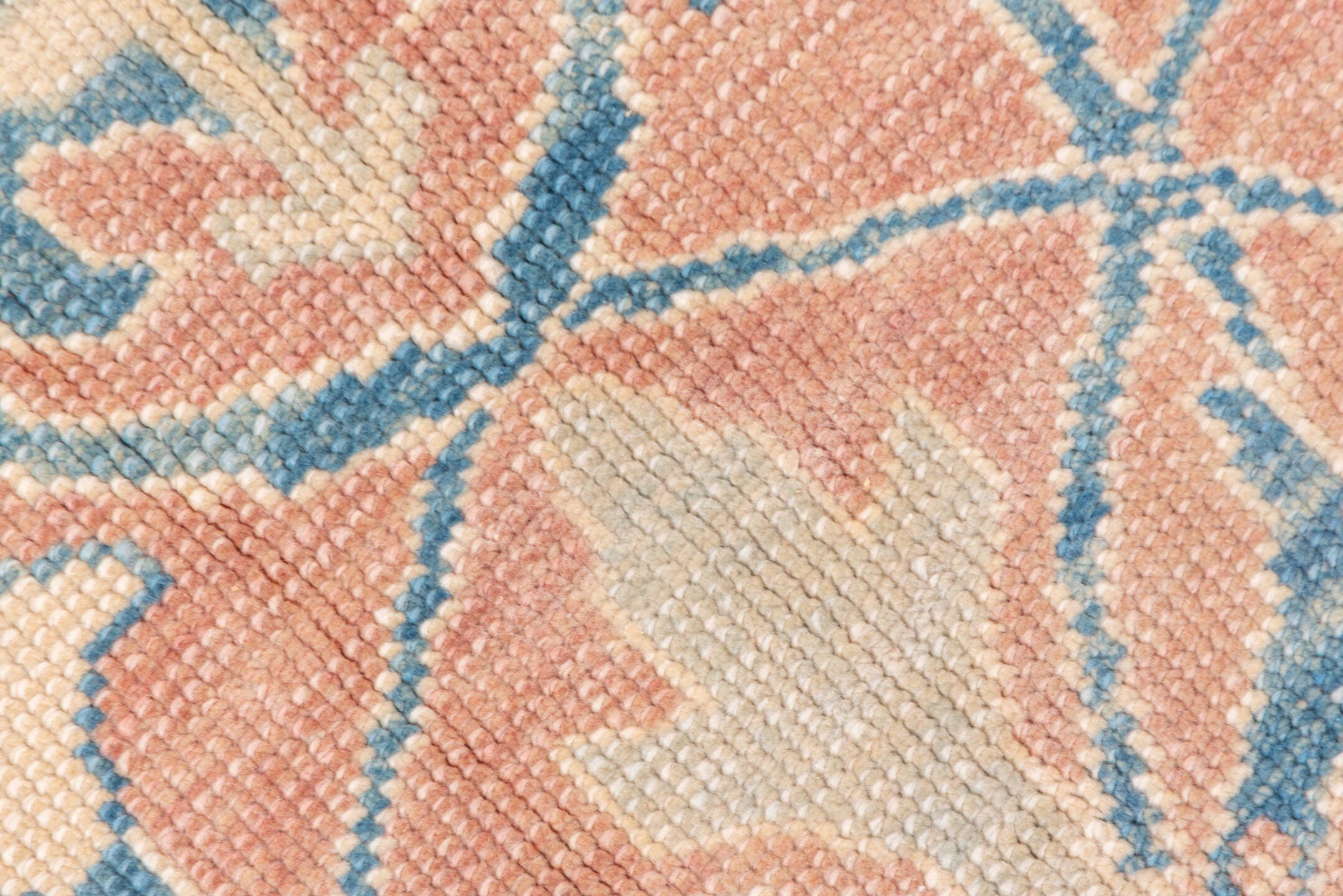 9' x 10' one-of-a-kind handmade vintage Oushak large size rug. Color palette: blush, sky blue, ivory, cream, peach, pink